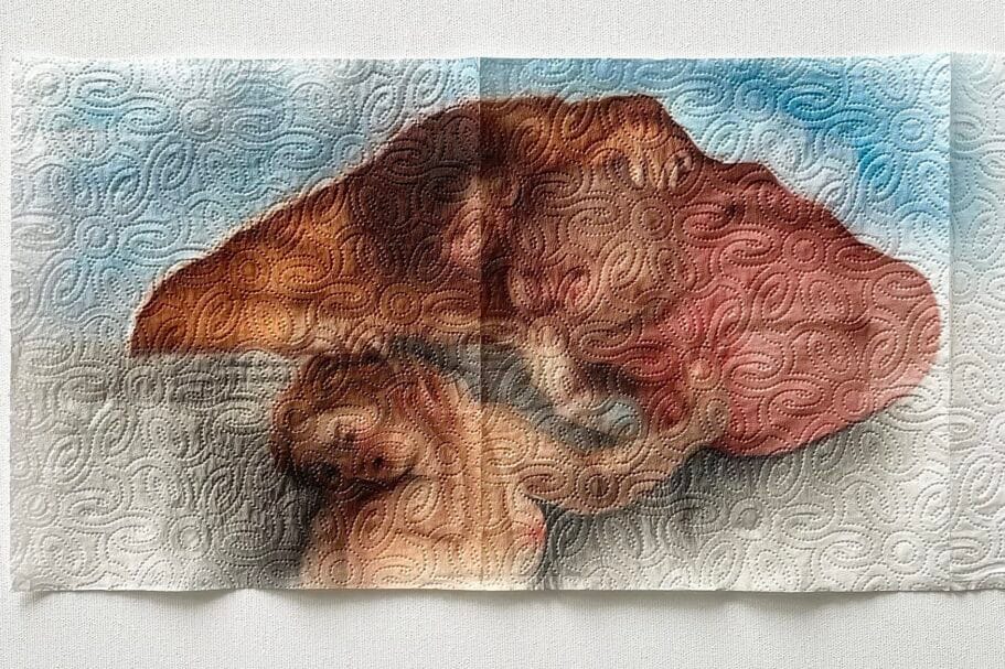 Een aquarel van een paddenstoel geschilderd op een vel keukenpapier met reliëf