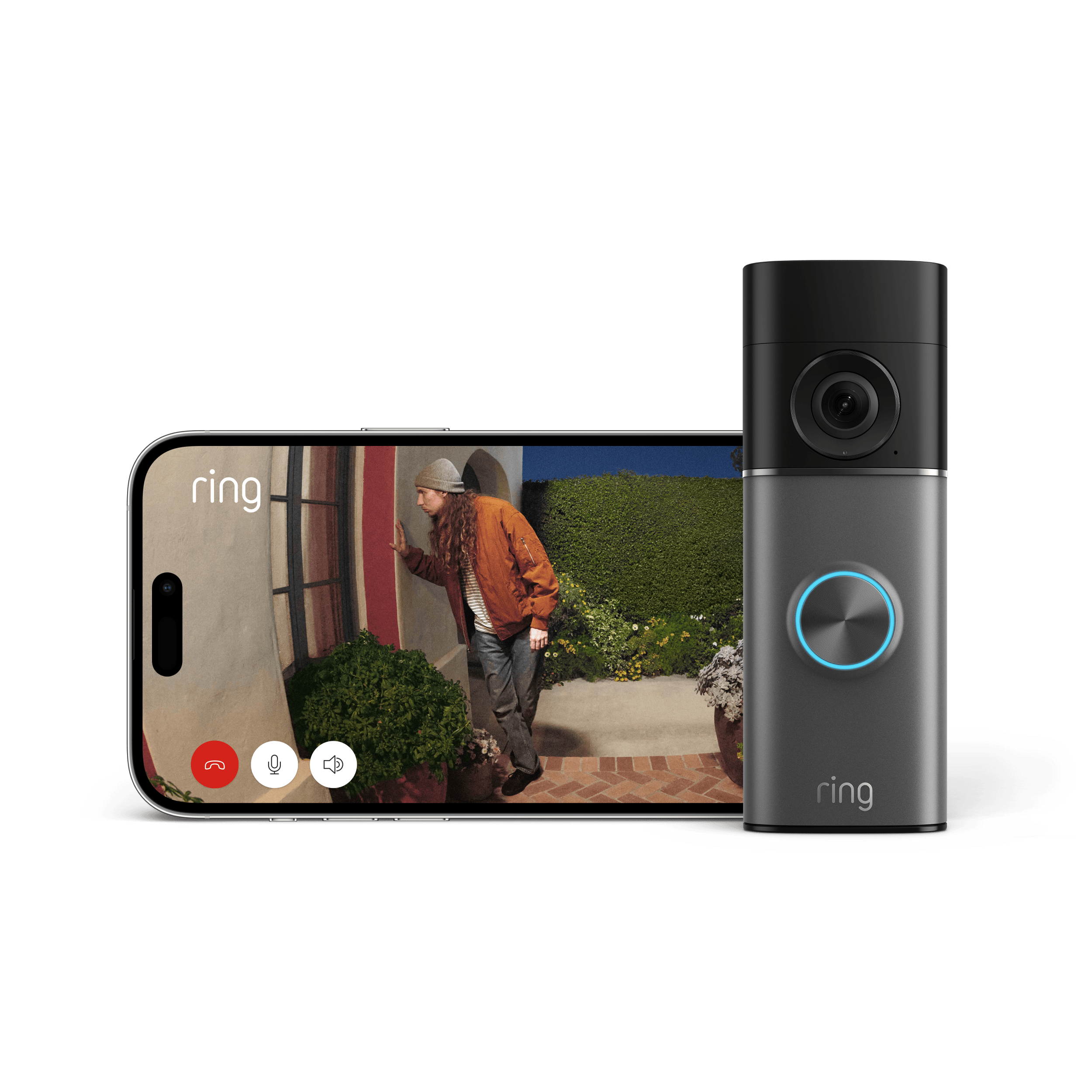De Ring Battery Video Doorbell Pro naast een smartphone die een live videobeeld toont van een bezoeker bij de voordeur