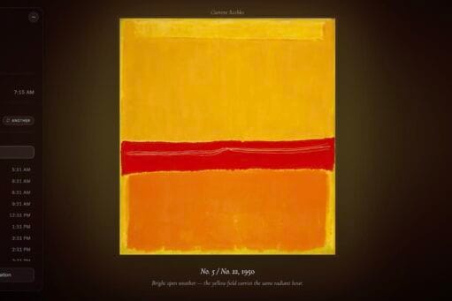 Abstract schilderij van Mark Rothko met grote kleurvlakken in geel, oranje en een smalle rode band in het midden