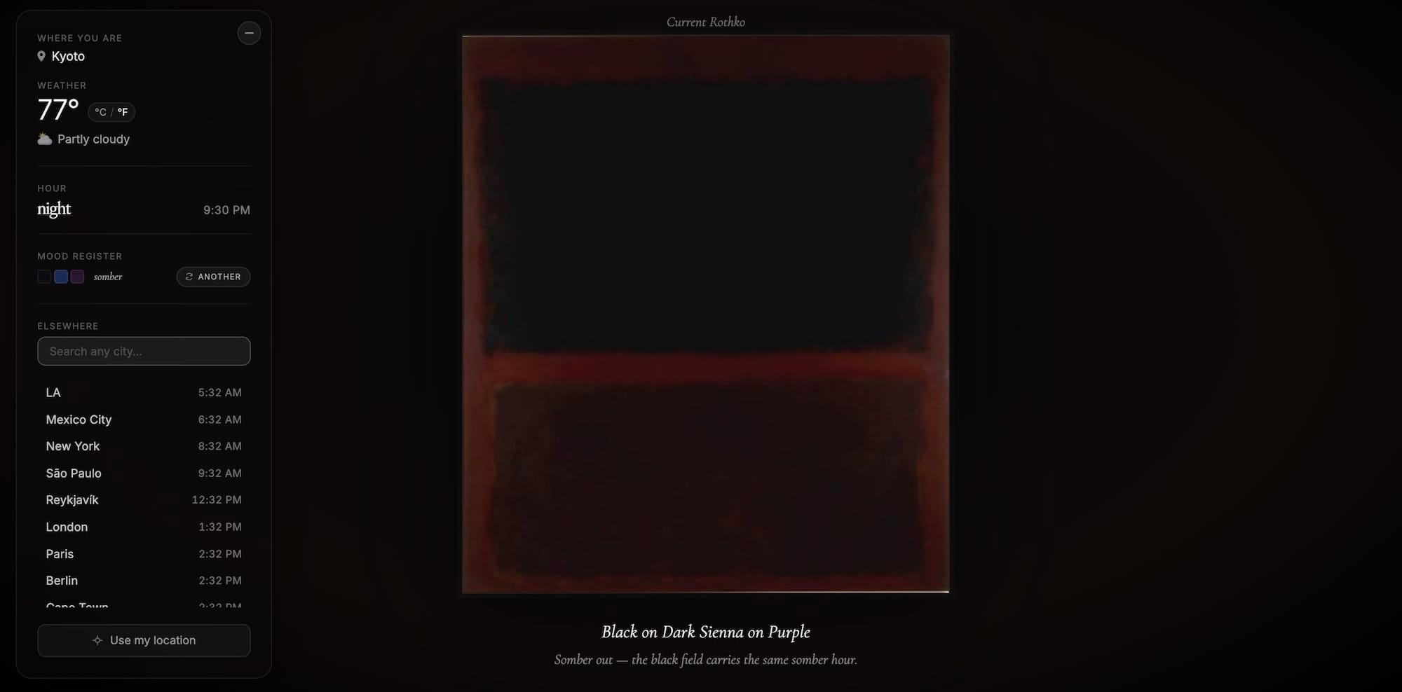 Schilderij van Mark Rothko met twee grote, donkere rechthoekige kleurvlakken op een dieppaarse achtergrond