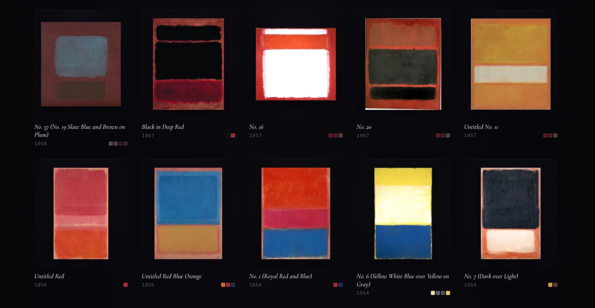 Overzicht van tien abstracte schilderijen van Mark Rothko met titels en jaartallen uit de jaren 50