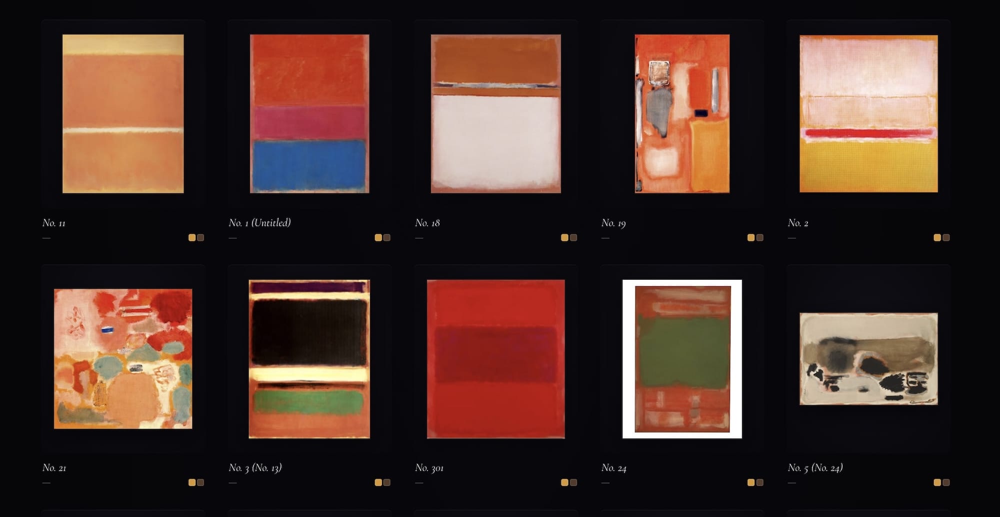 Overzicht van tien abstracte schilderijen van Mark Rothko met kleurvlakken in diverse tinten rood, oranje en geel