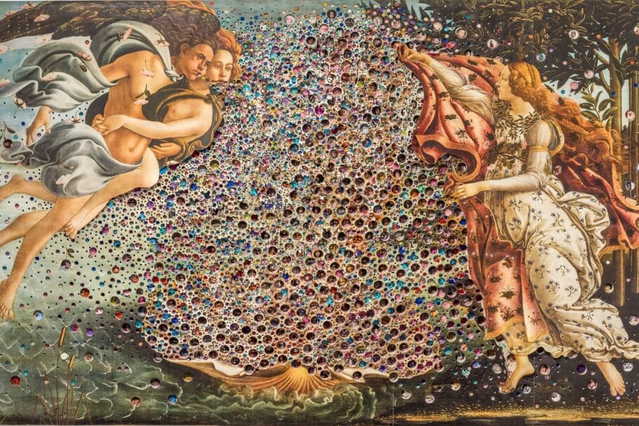 Een bewerking van Botticelli's Geboorte van Venus, waarbij Venus is vervangen door een wolk van kleurrijke stippen en gaten