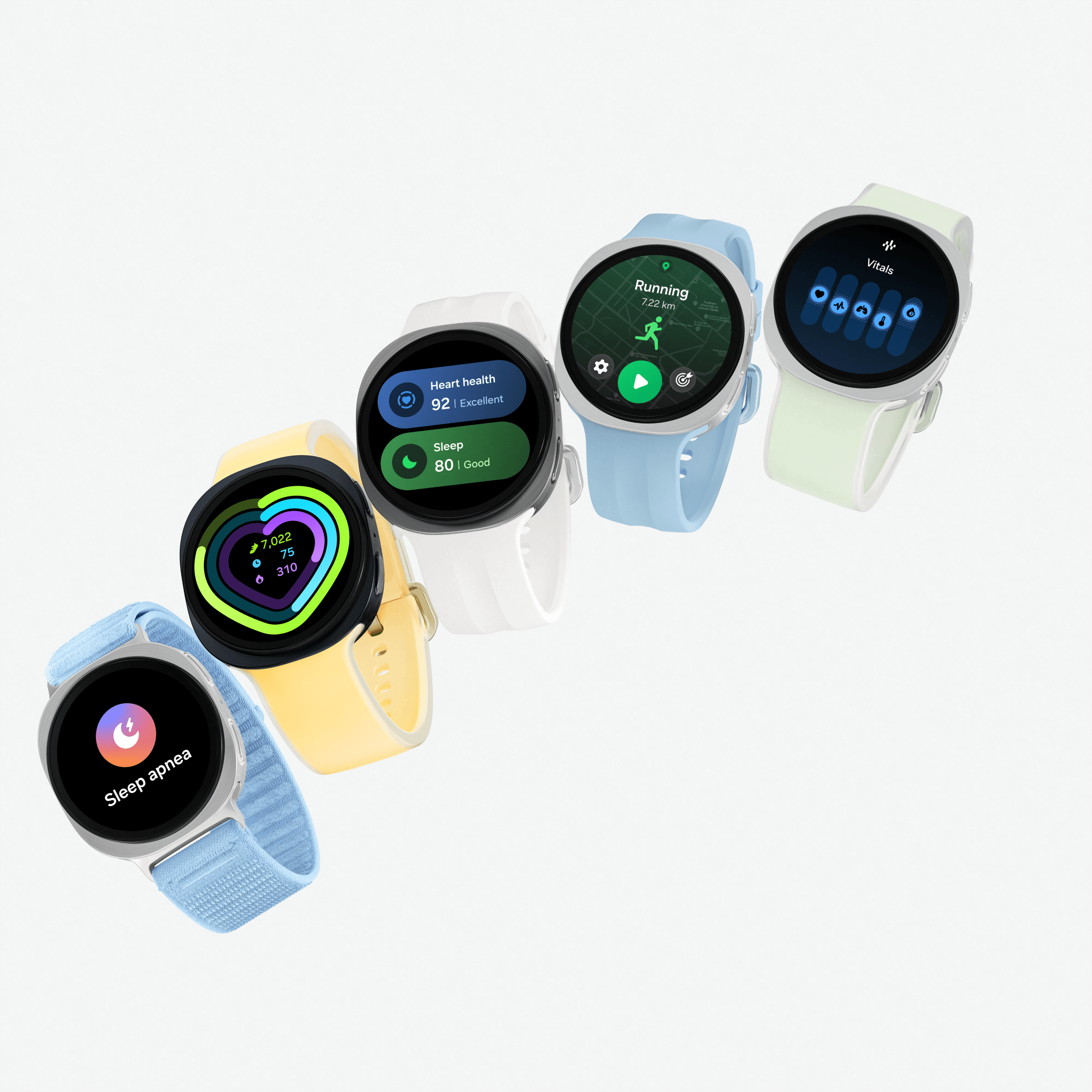 Zes Galaxy Watch9 modellen in verschillende kleuren tonen functies zoals slaapapneu-detectie, hartgezondheid en vitals