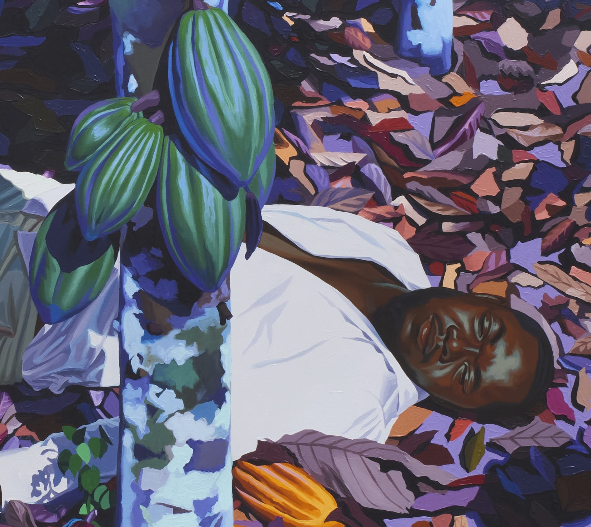Detail van een schilderij waarop een man met gesloten ogen op een bed van paarse bladeren ligt naast een cacaoboom
