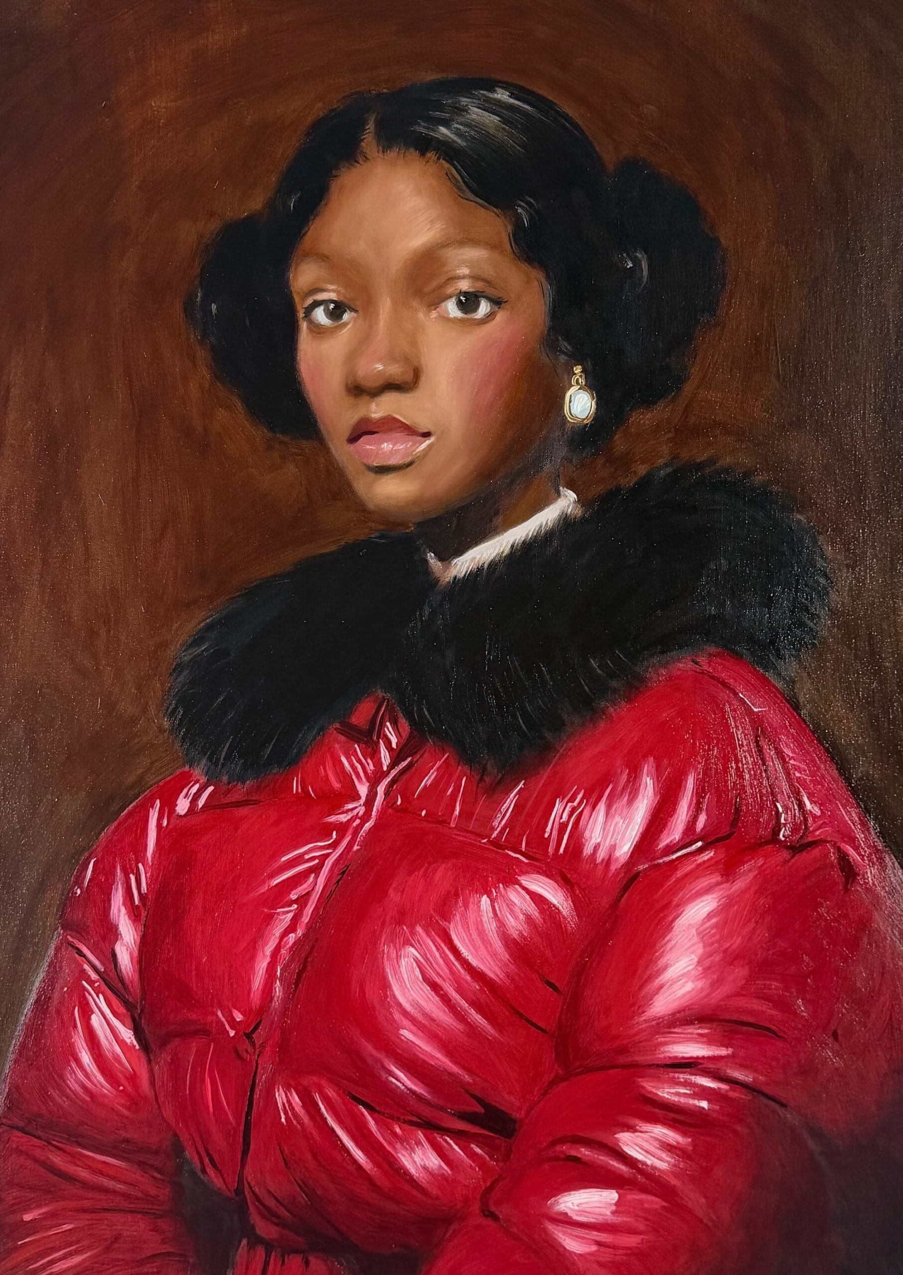 Schilderij van een jonge zwarte vrouw met een klassiek kapsel, gekleed in een moderne glanzende rode gewatteerde jas