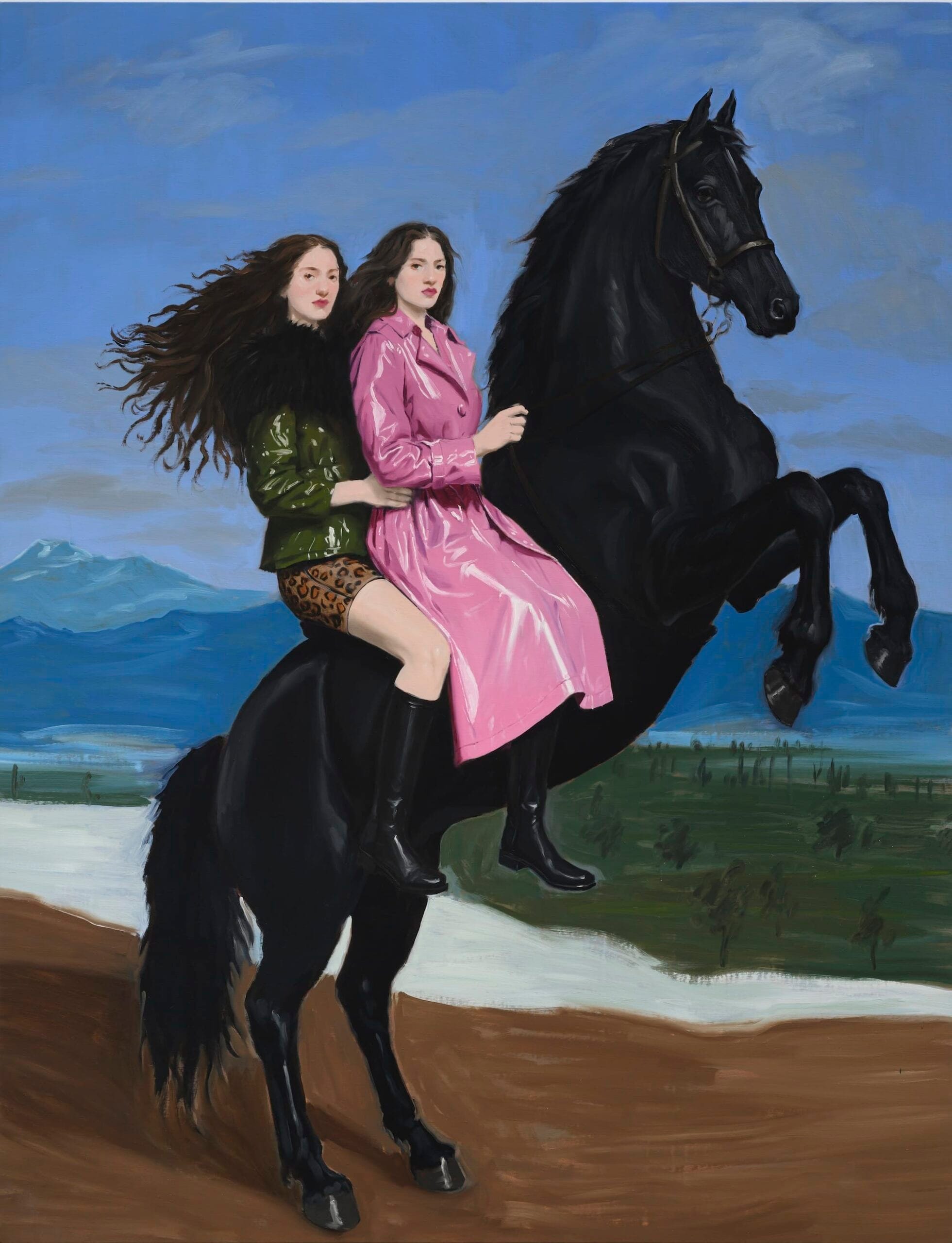 Schilderij van twee vrouwen op een steigerend zwart paard in een berglandschap