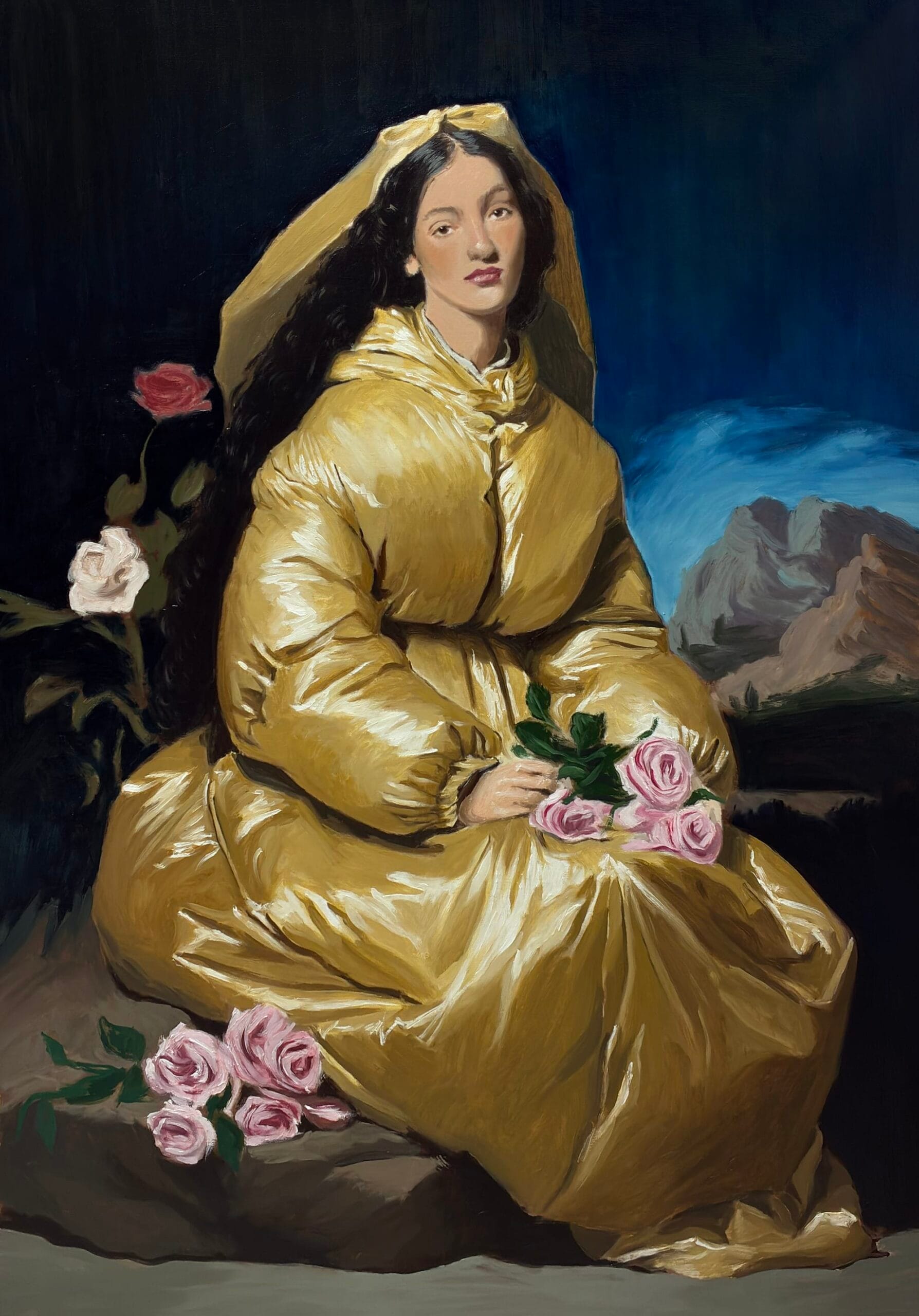 Schilderij van een vrouw met lang donker haar in een glanzende gouden gewatteerde jas, omringd door rozen