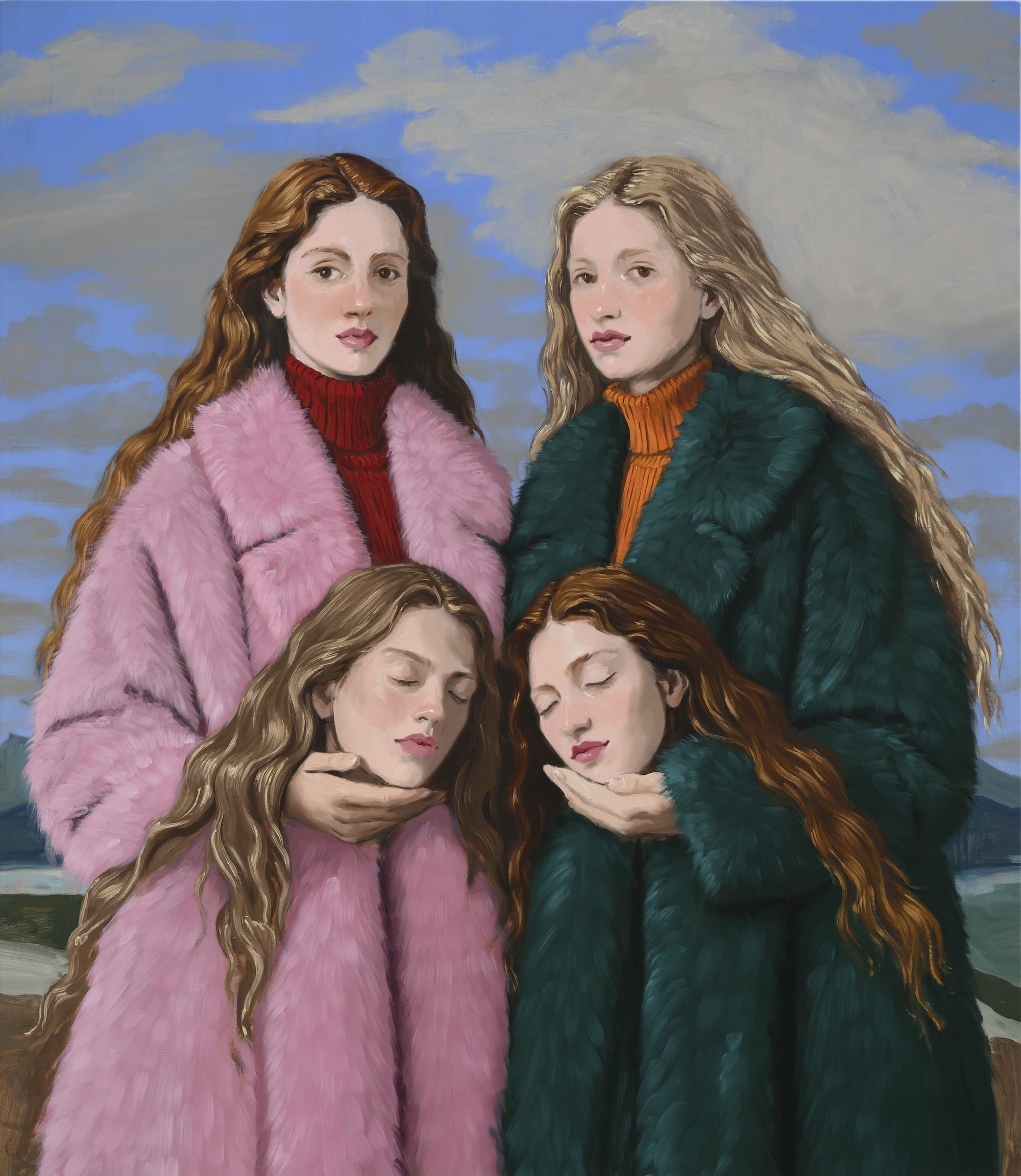 Schilderij van vier vrouwen met lang haar in bontjassen tegen een blauwe lucht; twee houden de hoofden van de anderen vast