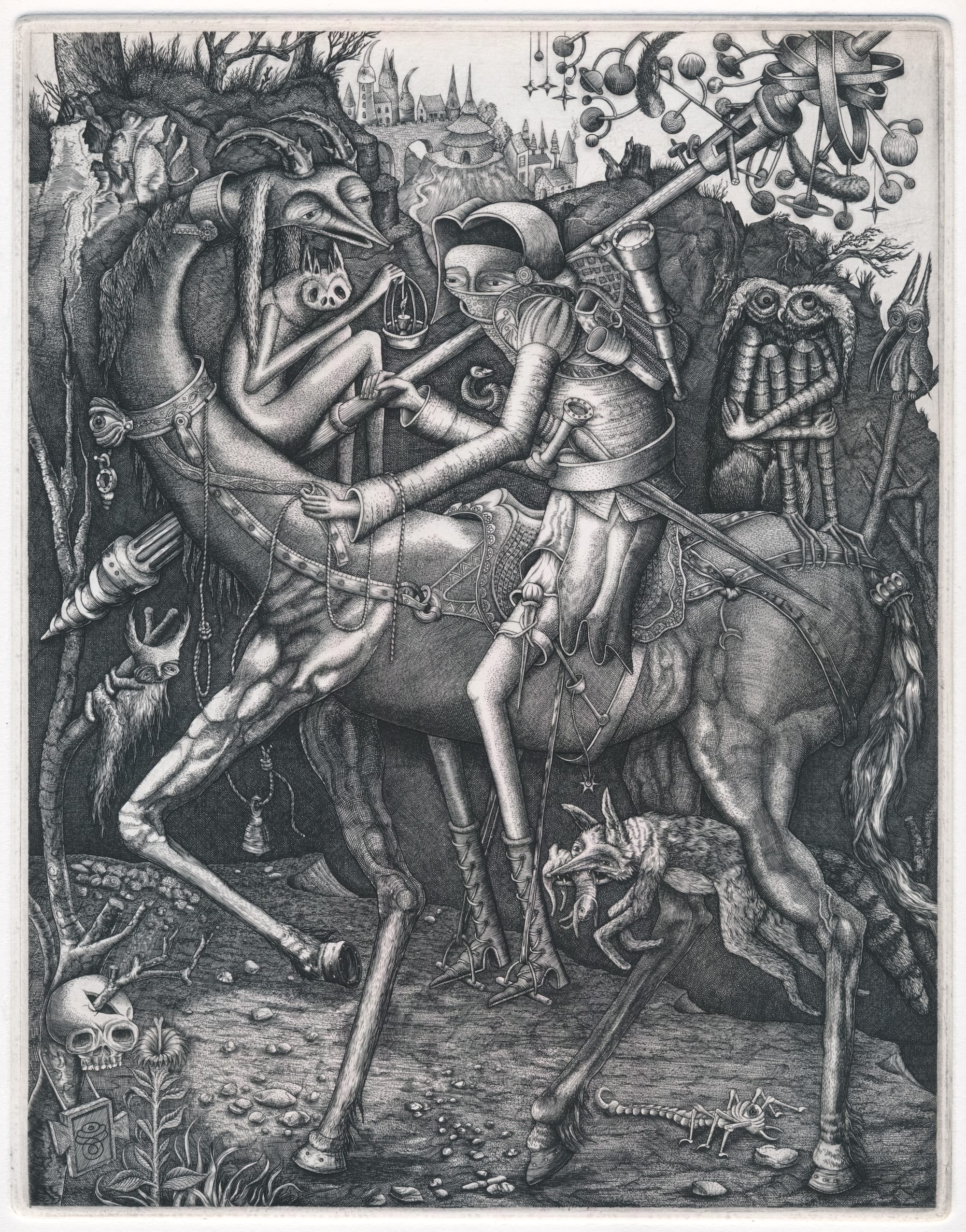 Gedetailleerde zwart-witte kopergravering van een ridder op een paard, omringd door surrealistische hybride wezens