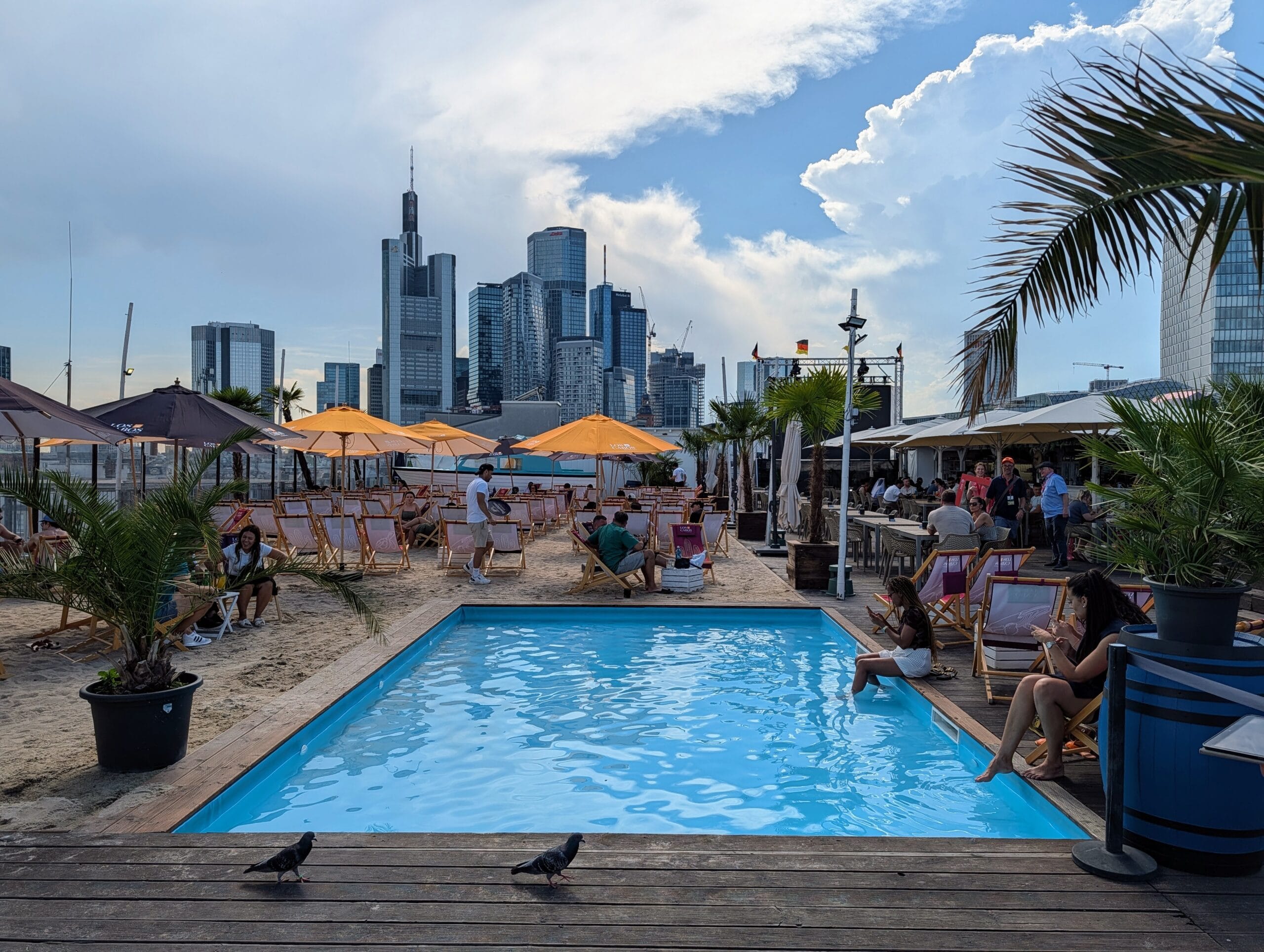 Uitzicht vanaf Citybeach Frankfurt met een zwembad, strandstoelen en palmbomen op de voorgrond en de skyline op de achtergrond
