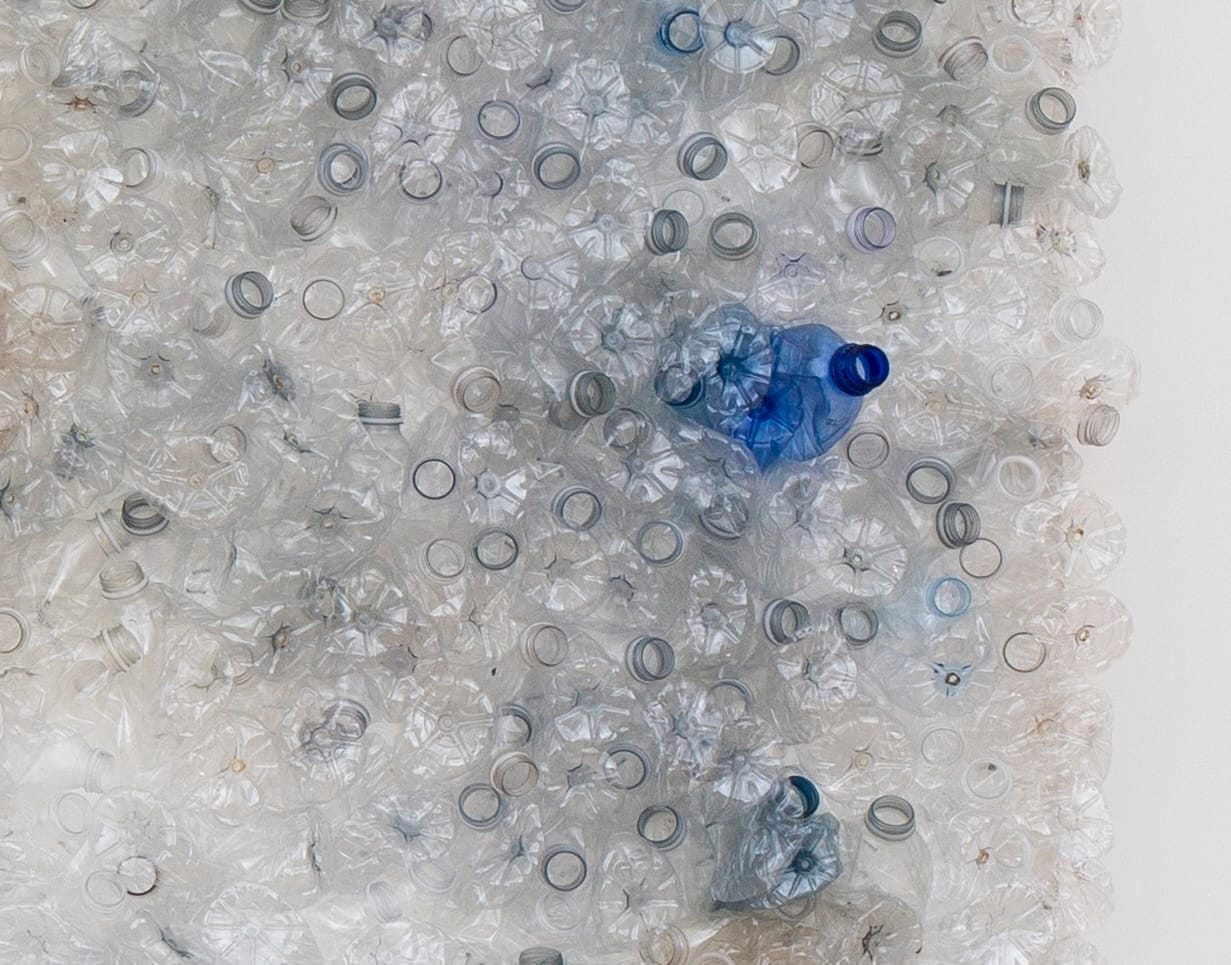 Grote hoeveelheid samengeperste doorzichtige plastic flessen met één opvallende blauwe fles ertussen