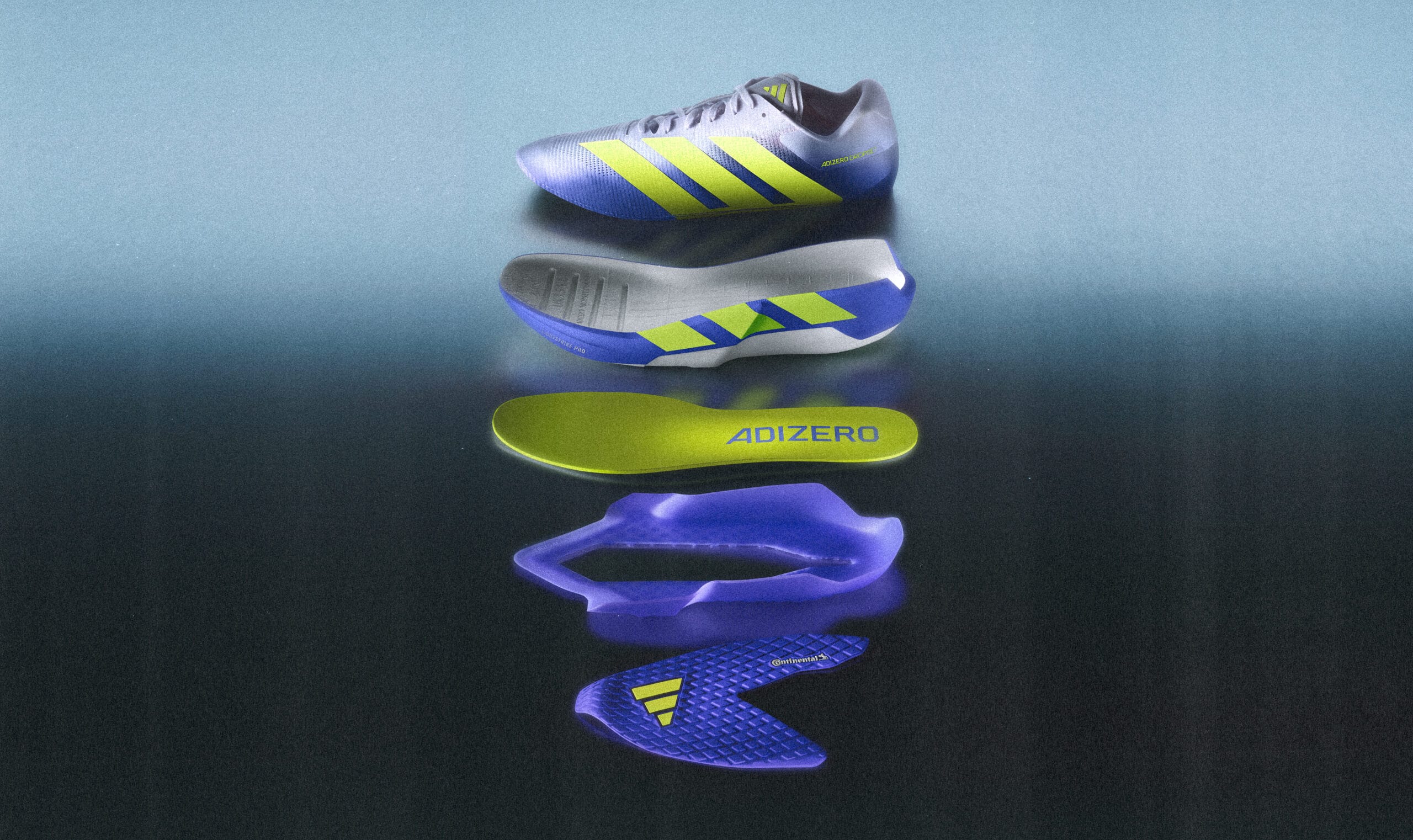Explengraphic van de adidas Adizero Dropset Pro, opgebouwd uit losse lagen zoals de zool, inlegzool en het bovenwerk