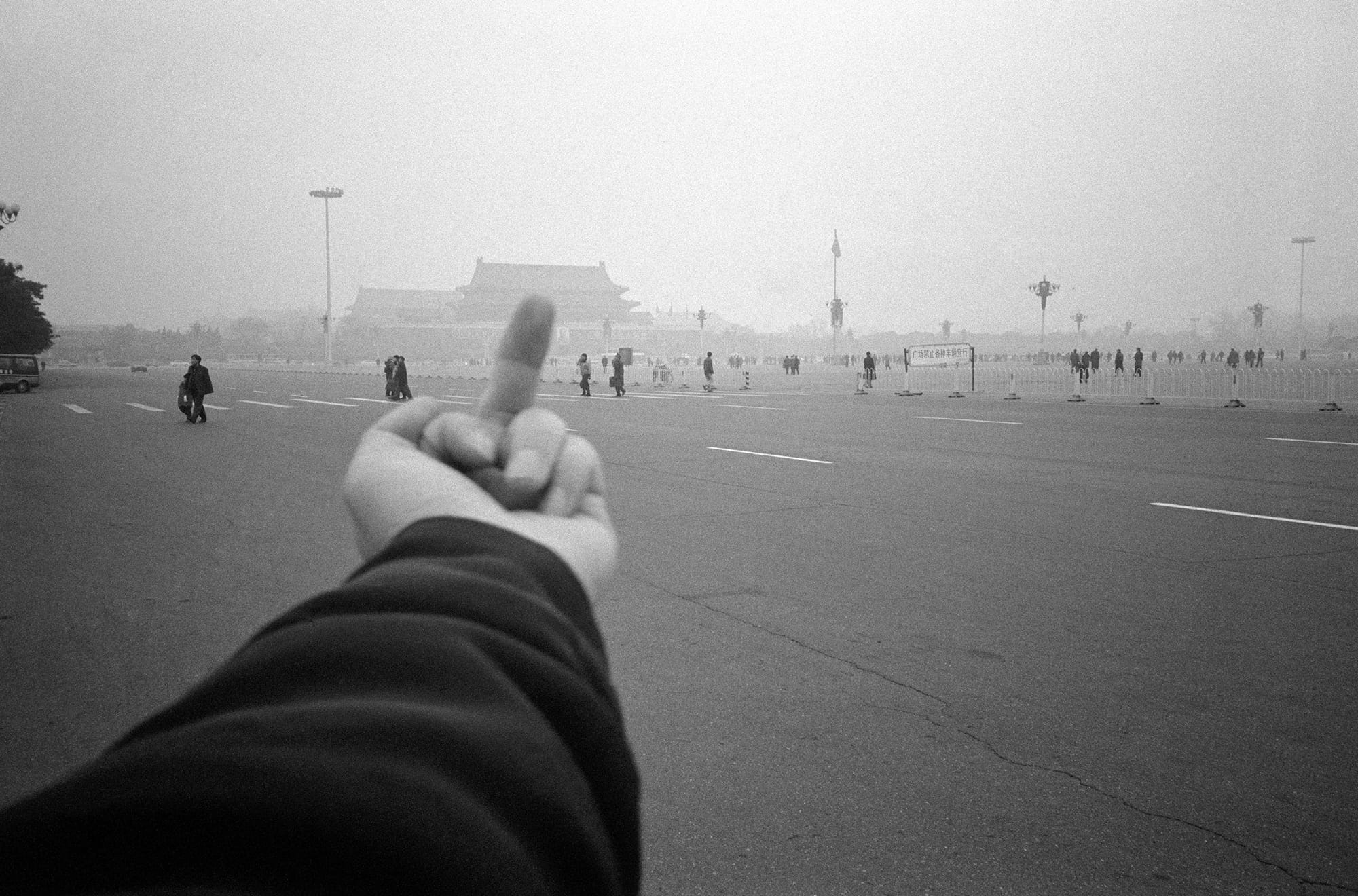 Een hand die een middelvinger opsteekt richting de Poort van de Hemelse Vrede op het Tiananmenplein, het gaat om het werk Study of Perspective 1995–2011 van Ai Weiwei