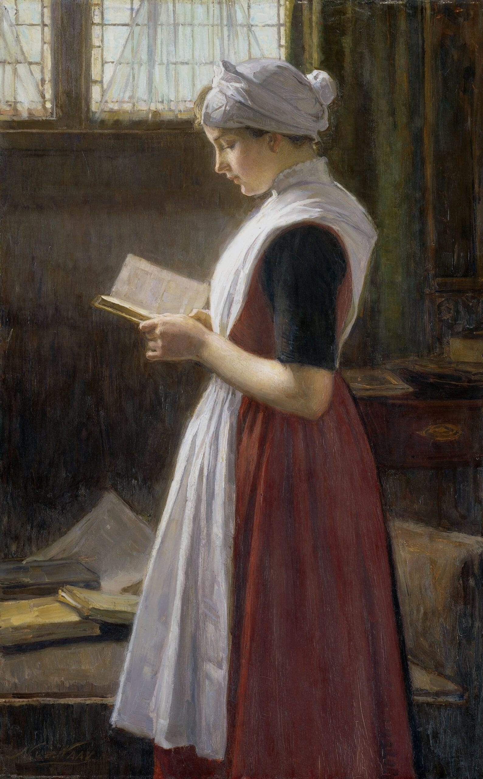 Schilderij van een jonge vrouw met wit kapje en schort die staand bij een raam een boek leest, dit is het werk Amsterdams Weesmeisje van Nicolaas van der Waay uit ca.1890-1910, Legaat van de heer F. de Fremery behorend tot de collectie van het Rijksmuseum.
