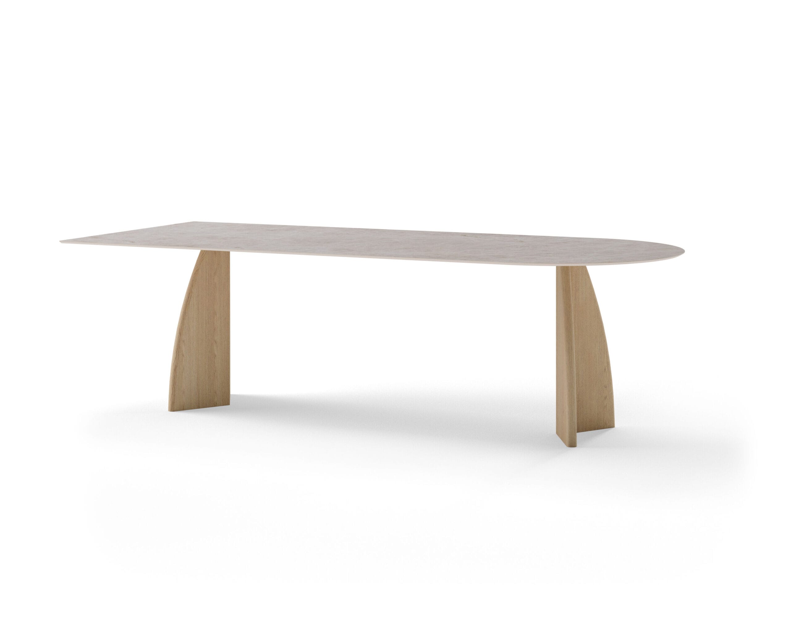 Moderne eettafel met een licht steenlook blad en massief houten poten uit de collectie keramische tafels van Table du Sud