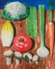 Schilderij van verse groenten zoals bloemkool, tomaat, witlof, champignons en een wortel op een houten tafel, het werk Compositie met Groenten van Kristof Santy