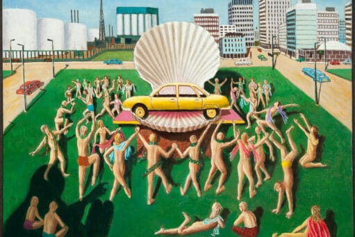 Schilderij van een gele auto in een grote schelp, omringd door dansende naakte mensen in een stadslandschap