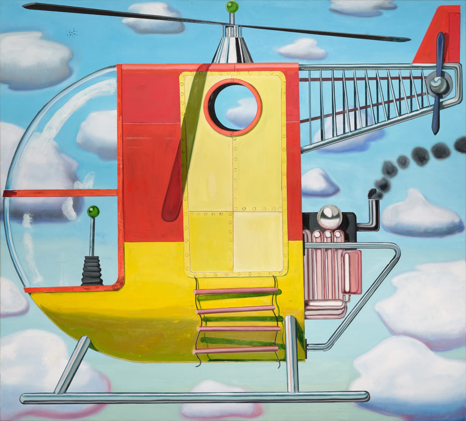 Kleurrijk schilderij van een gestileerde rood-gele helikopter met een rokende motor, vliegend door een blauwe lucht met wolken, het werk helikopter van Kristof Santy