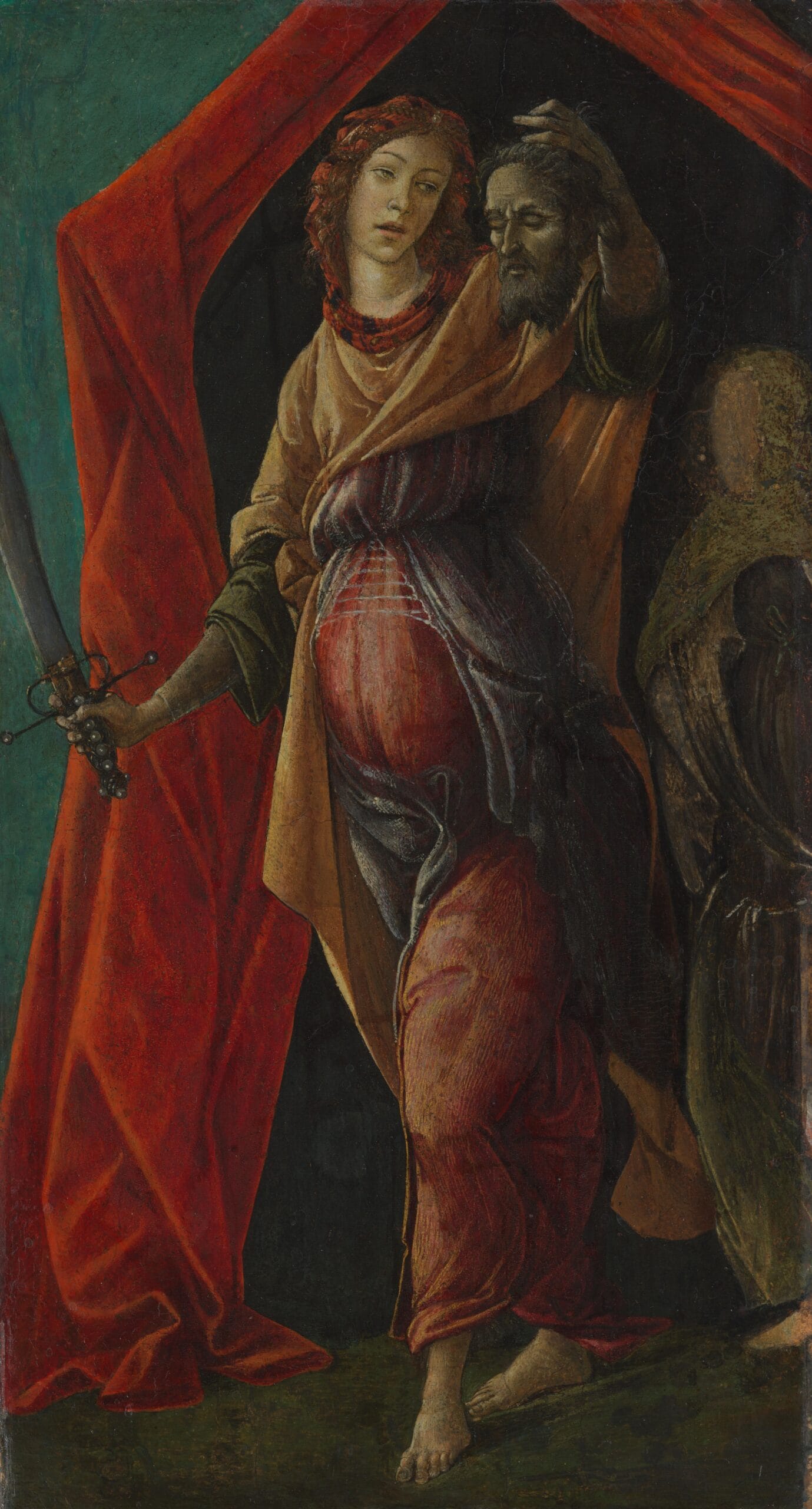 Judith met het hoofd van Holofernes door Sandro Botticelli, het toont Judith met een zwaard en het afgehakte hoofd van Holofernes, staand voor een rode tentopening