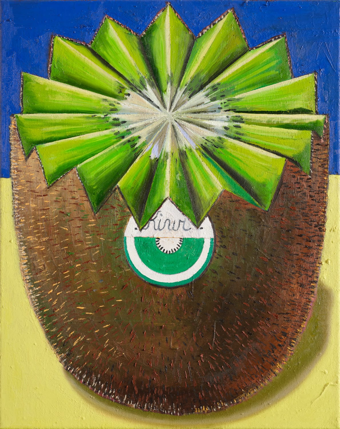 Schilderij van een kiwi door Kristof Santy, met een geometrisch uitgevouwen groene bovenkant en een bruine schil met een sticker