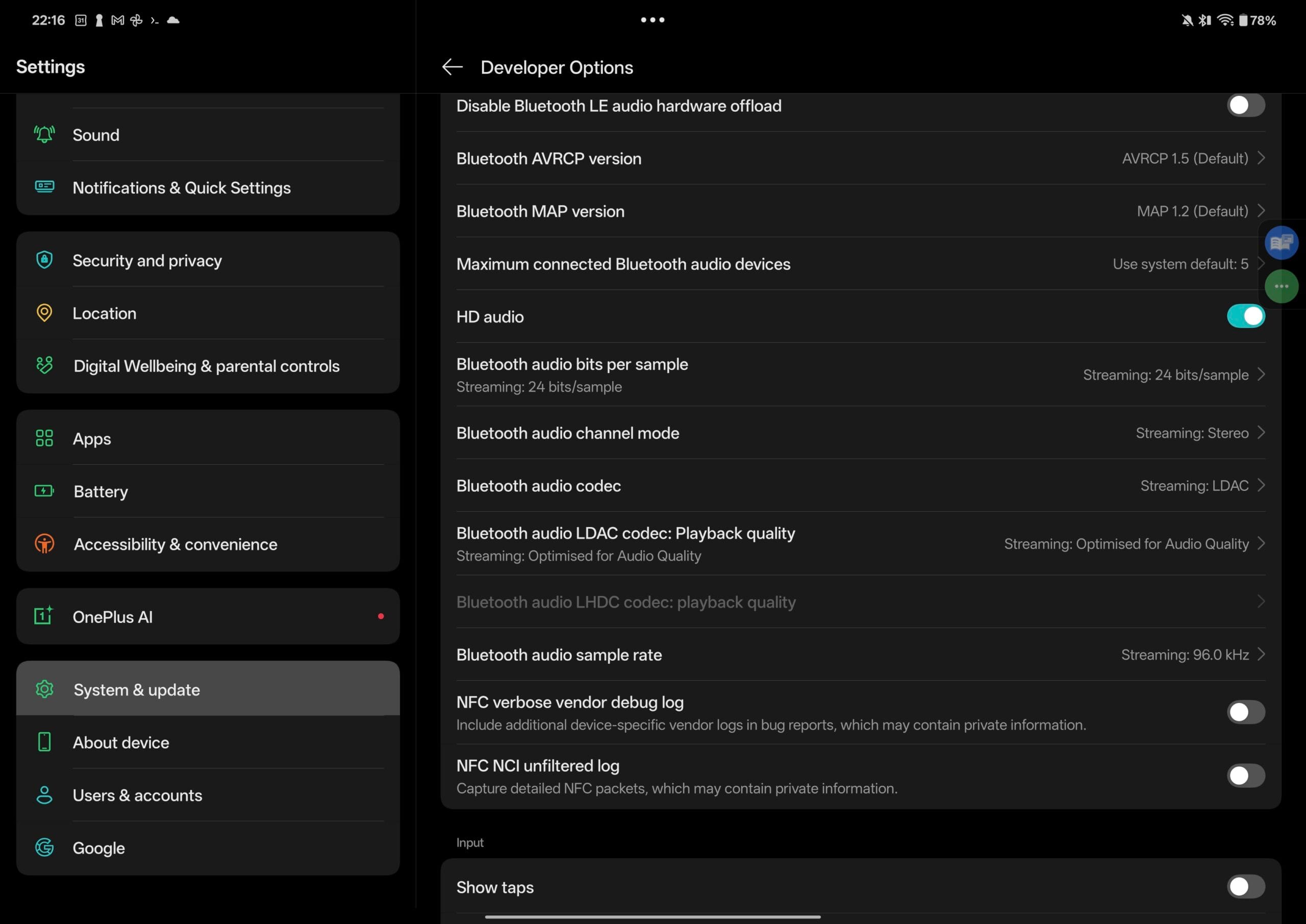 Schermafbeelding van de ontwikkelaarsopties op een Android-toestel met LDAC en 96.0 kHz geselecteerd voor de beste audiokwaliteit
