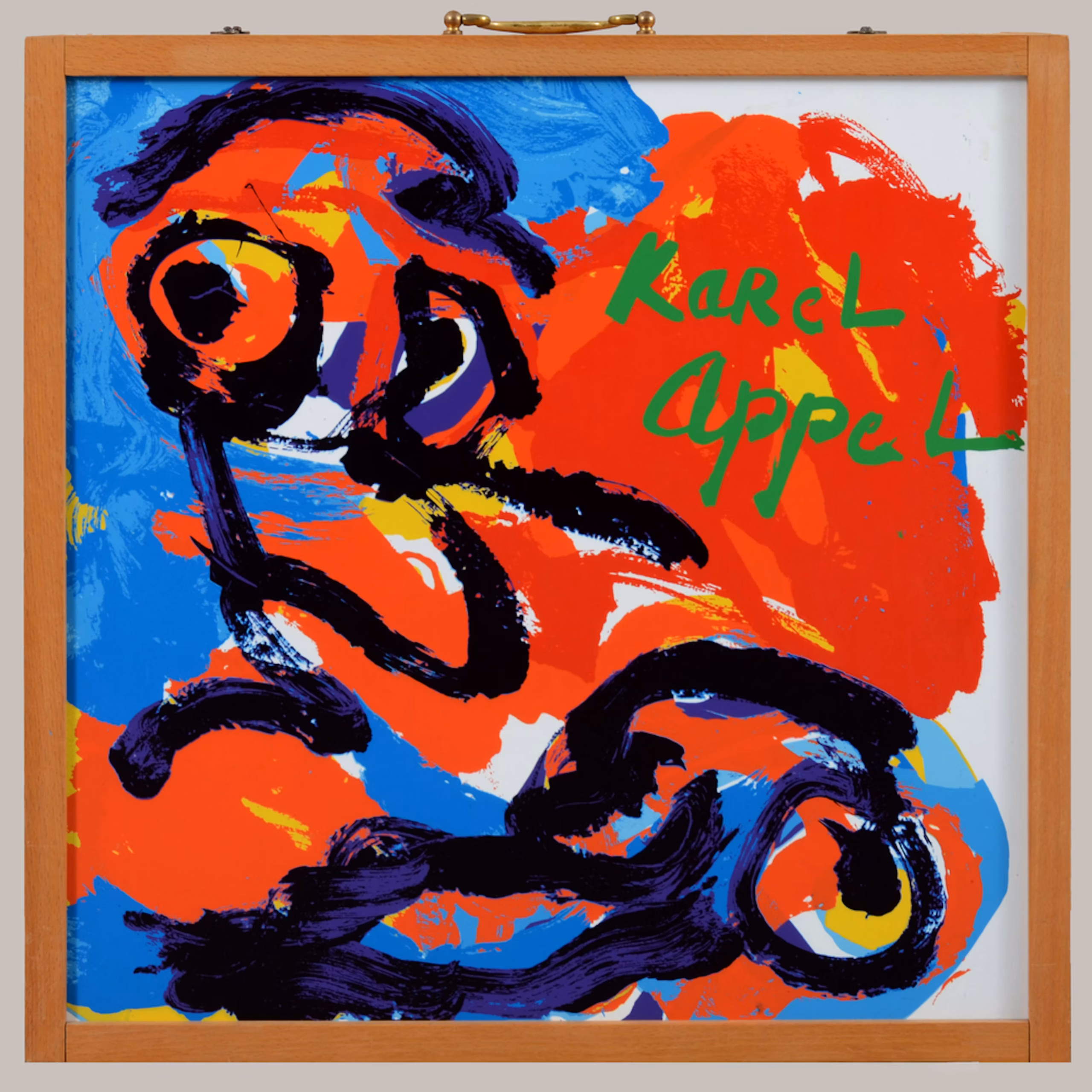 Kleurrijk abstract kunstwerk van Karel Appel met dikke zwarte lijnen en felle vlakken in rood, blauw en geel