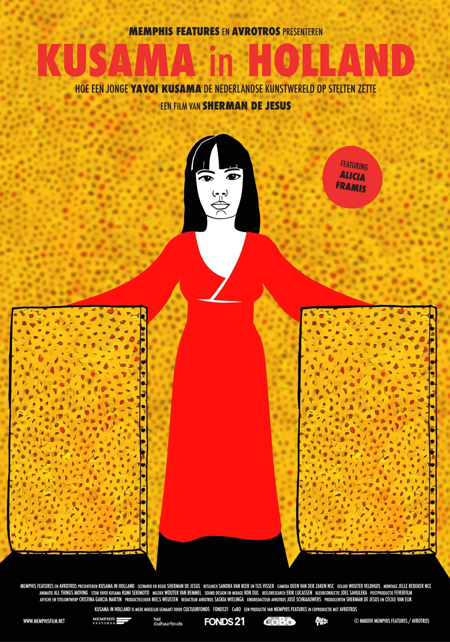 Filmposter Kusama in Holland: een film van Sherman de Jesus over hoe een jonge Yayoi Kusama Nederland op stelten zette