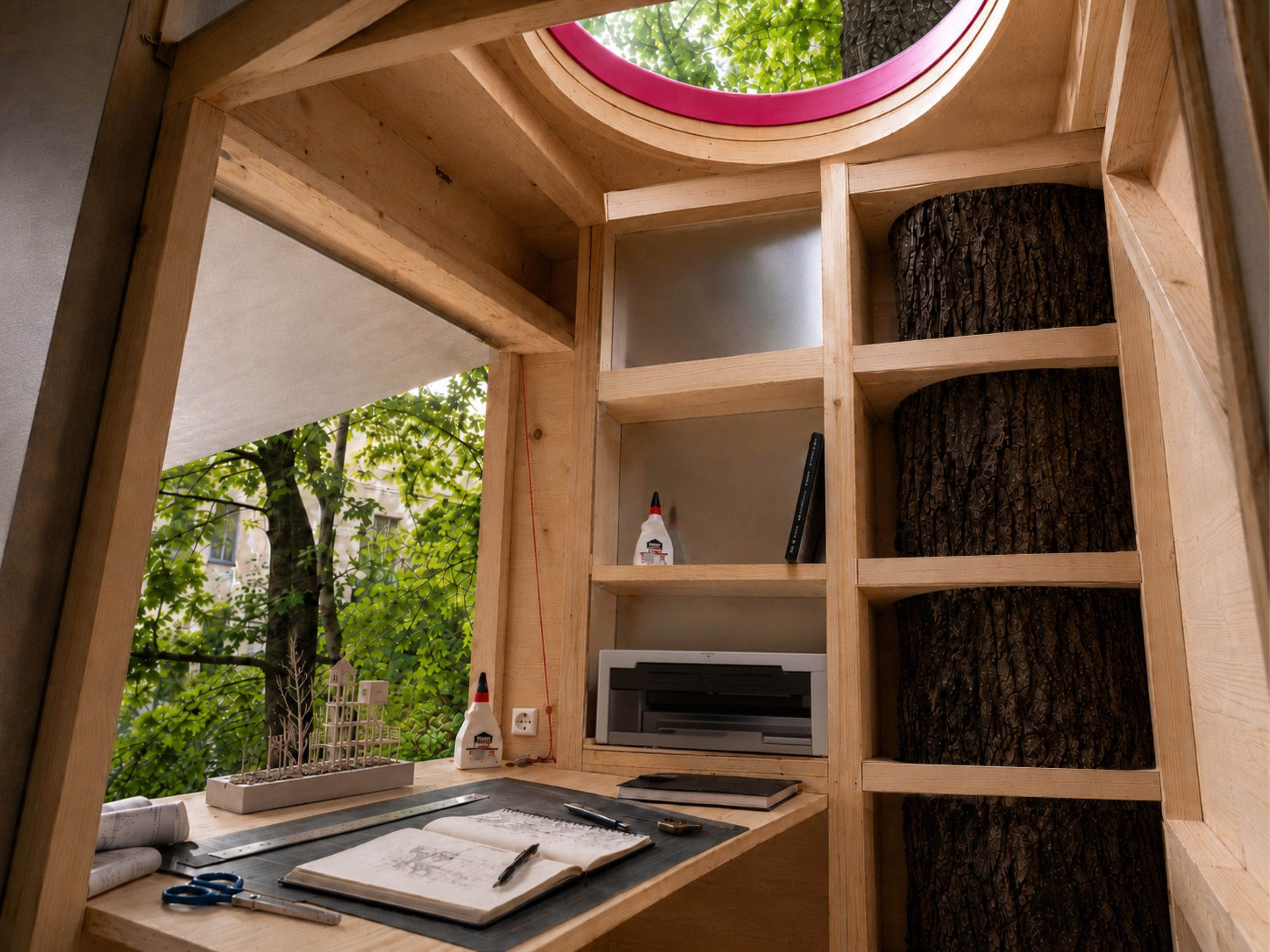 Houten interieur van het Baumhaus Office met een bureau, open planken tegen de boomstam en een rond dakraam