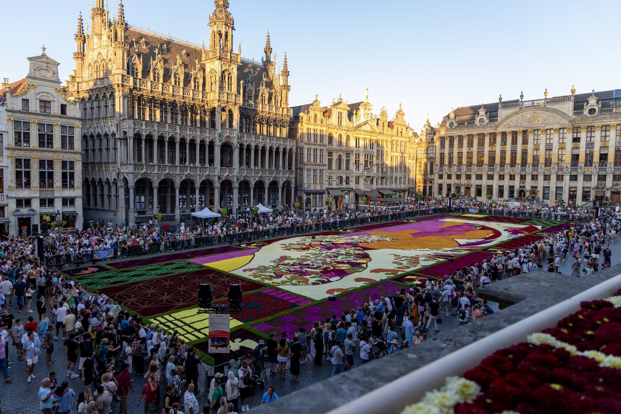 Overzicht van het kleurrijke Bloementapijt op de Grote Markt in Brussel, omringd door bezoekers en historische gebouwen