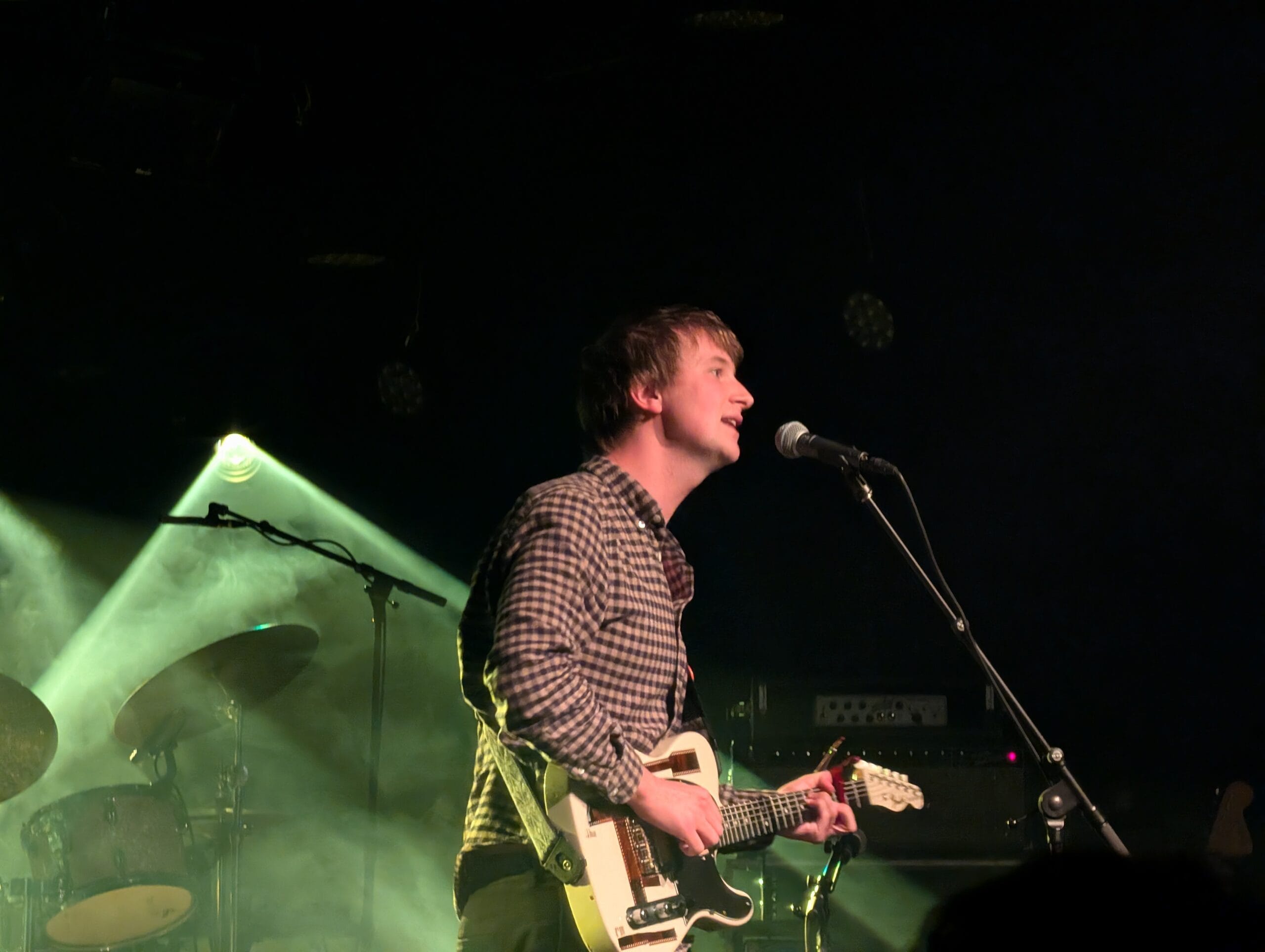 Dove Ellis zingt en speelt gitaar op het podium onder een groen spotlight