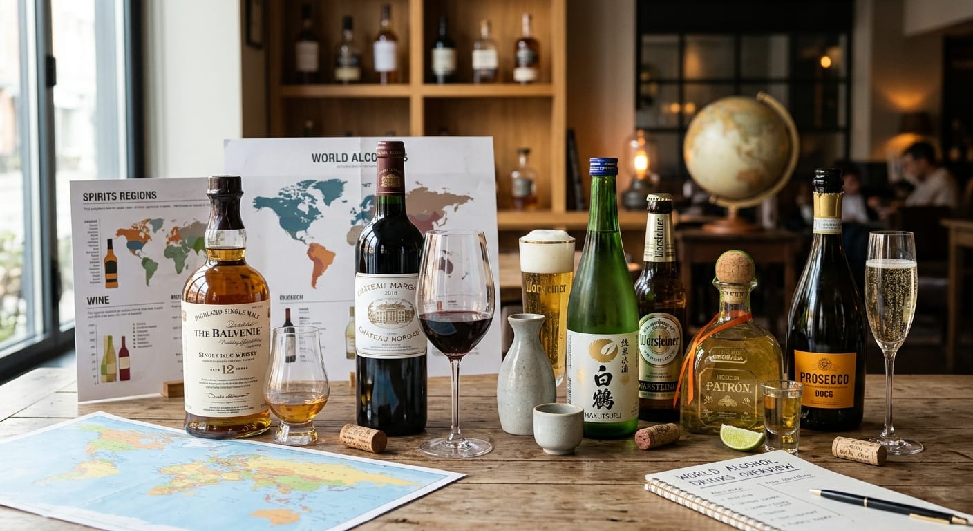 Een selectie van internationale alcoholische dranken, waaronder whisky, wijn, sake, bier, tequila en prosecco, met wereldkaarten