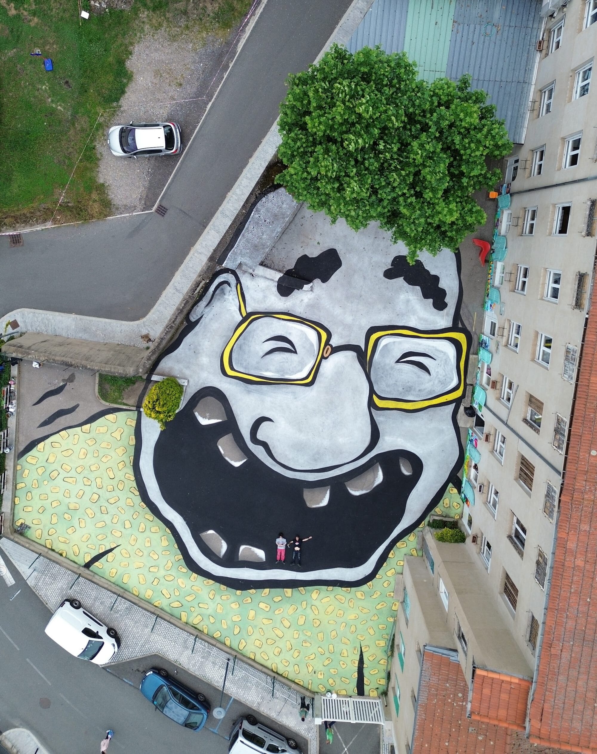 Luchtfoto van een gigantische muurschildering op de grond van een lachende, tandeloze man met een gele bril