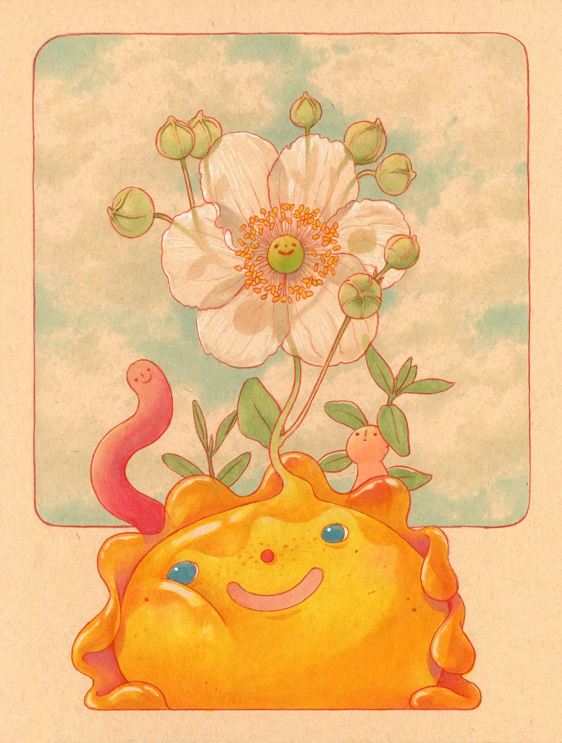Illustratie van een lachend geel wezen waaruit een witte bloem groeit, vergezeld door een roze worm en kleine figuurtjes