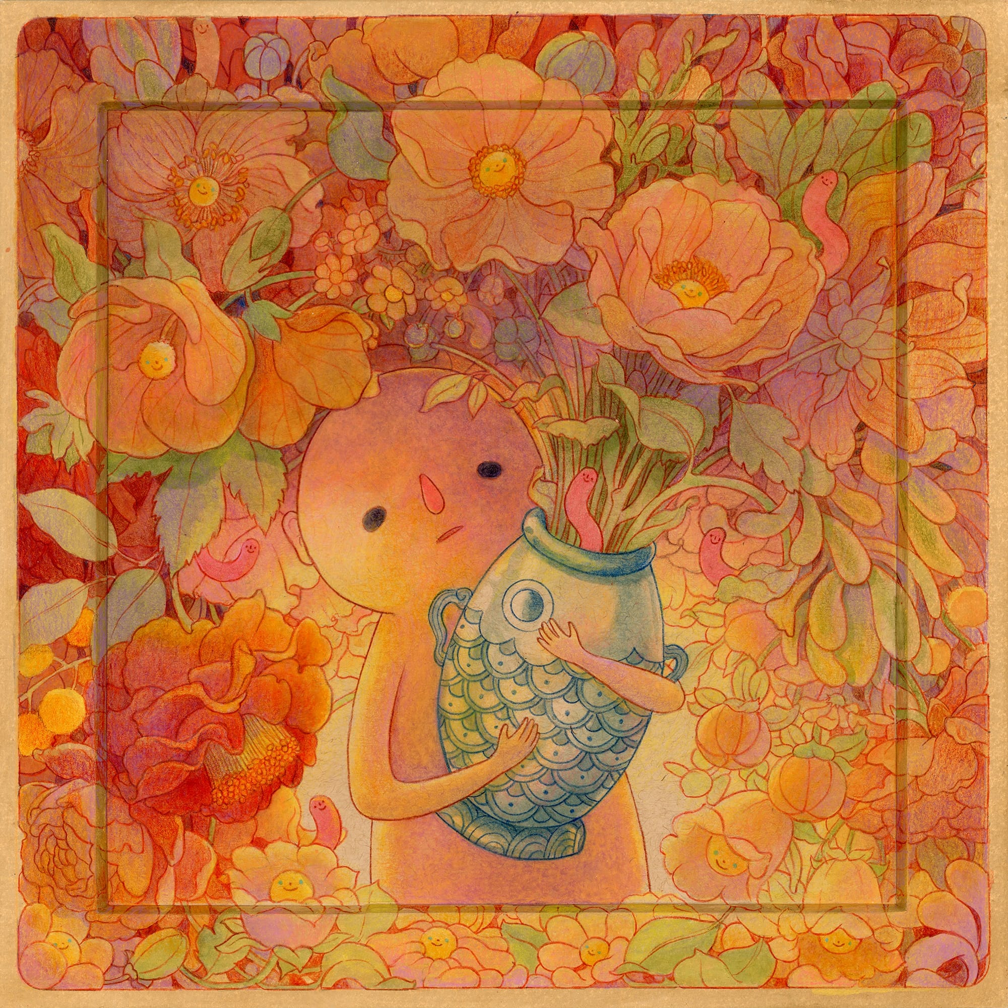 Illustratie van een kaal figuurtje dat een visvormige vaas vasthoudt, omringd door weelderige oranje en roze bloemen