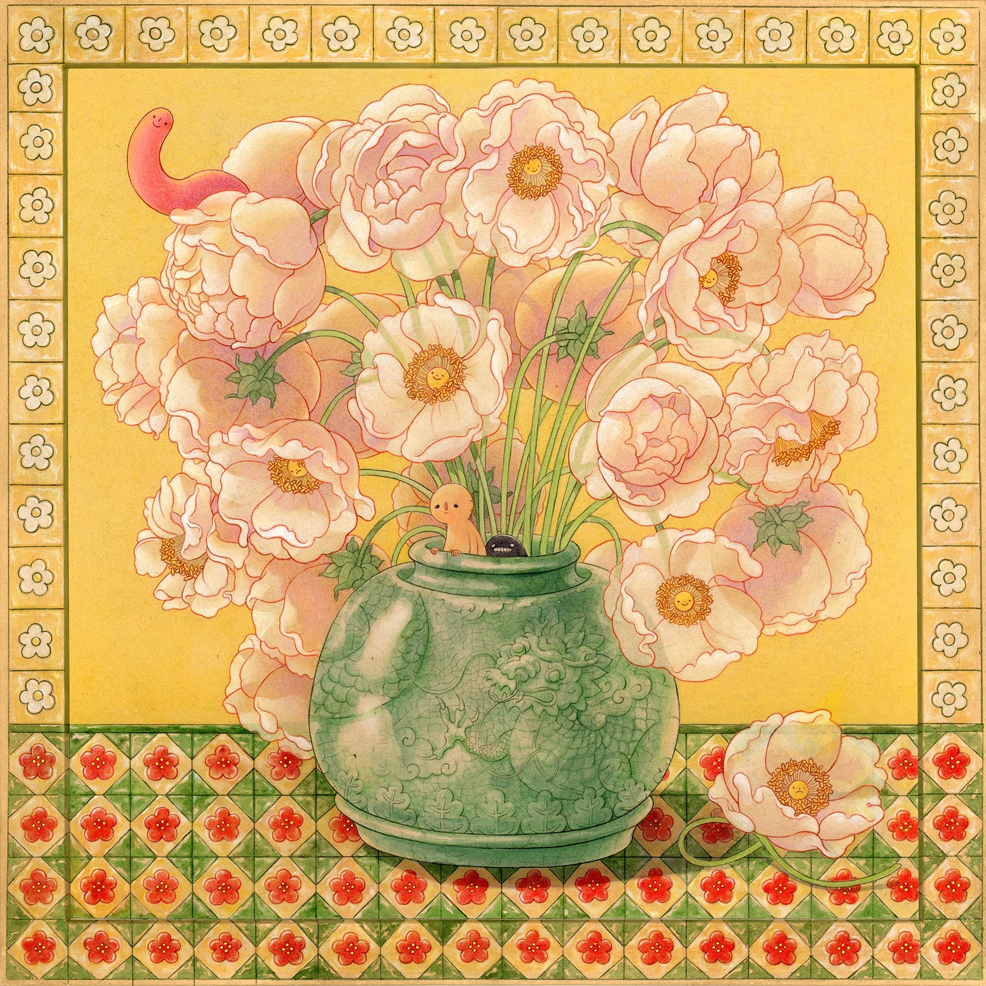 Illustratie van witte bloemen in een groene vaas met een draak, waarin kleine figuurtjes en een worm verscholen zitten