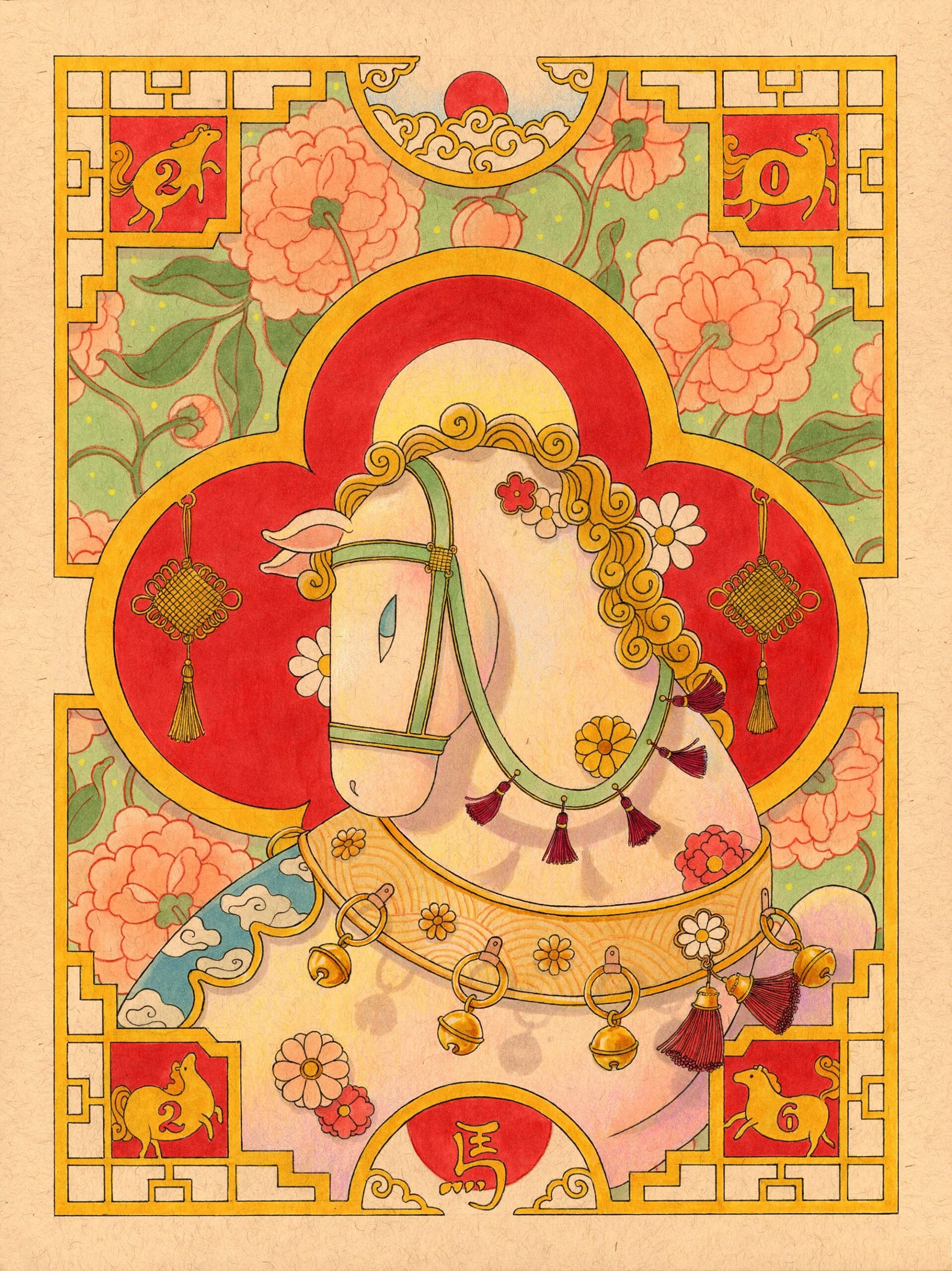 Illustratie van een wit paard met gouden manen en versieringen tegen een rode en goudkleurige achtergrond met bloemen
