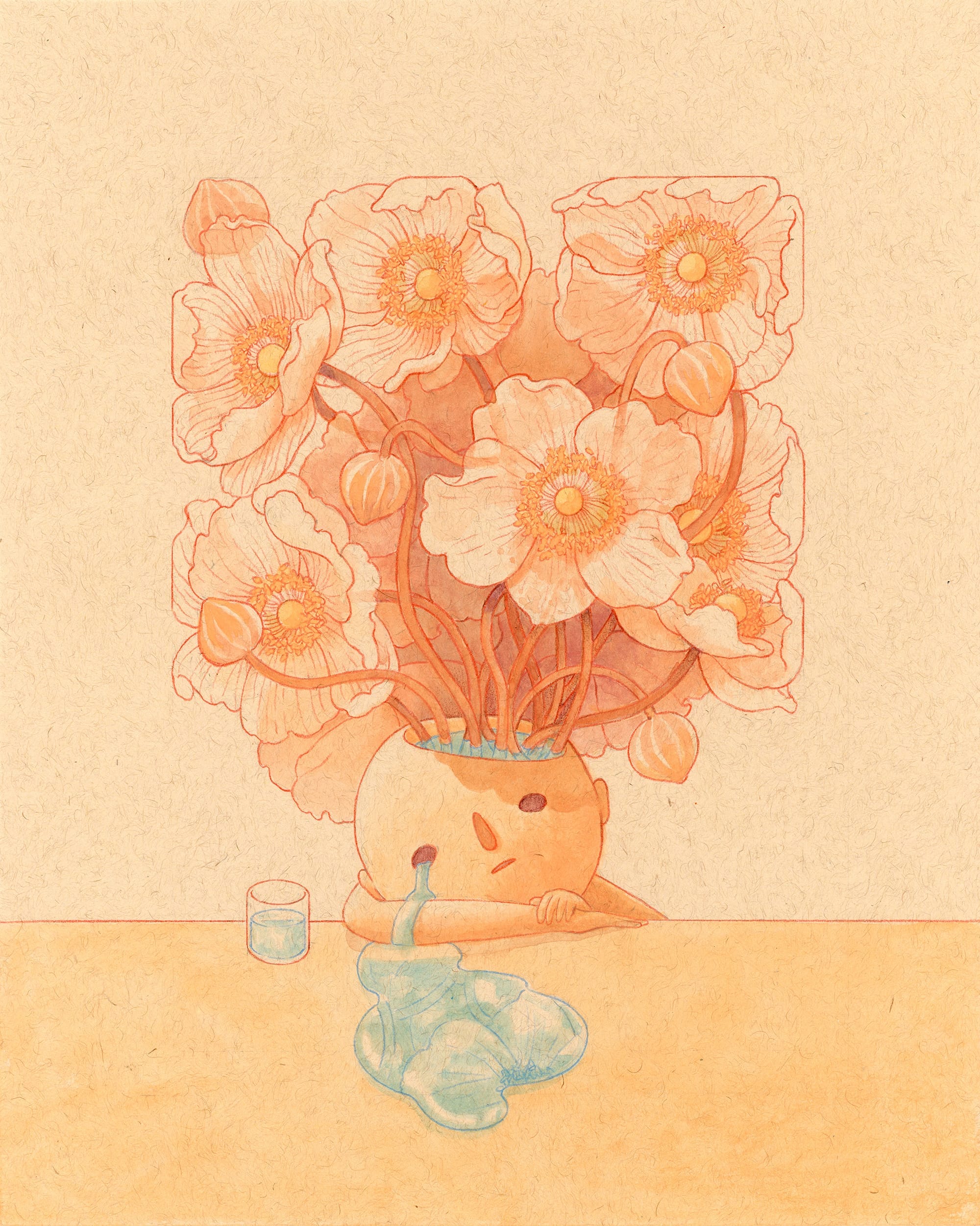 Illustratie van een figuurtje met een bos oranje anemonen die uit het hoofd groeien, terwijl er water uit een oog loopt