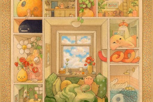 Surrealistische illustratie van een huis met kamers vol fantasiefiguren, reusachtige bloemen en een grote vis in bad