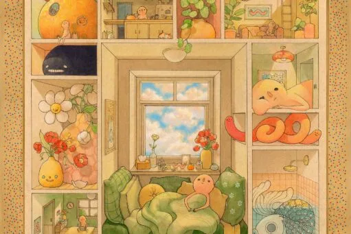 Surrealistische illustratie van een huis met kamers vol fantasiefiguren, reusachtige bloemen en een grote vis in bad