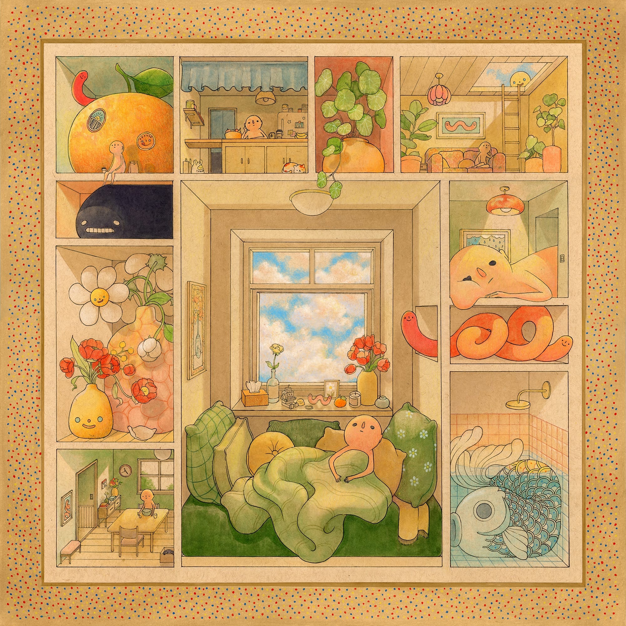 Gedetailleerde illustratie van verschillende kamers en nissen waarin figuurtjes rusten, omringd door planten en bloemen