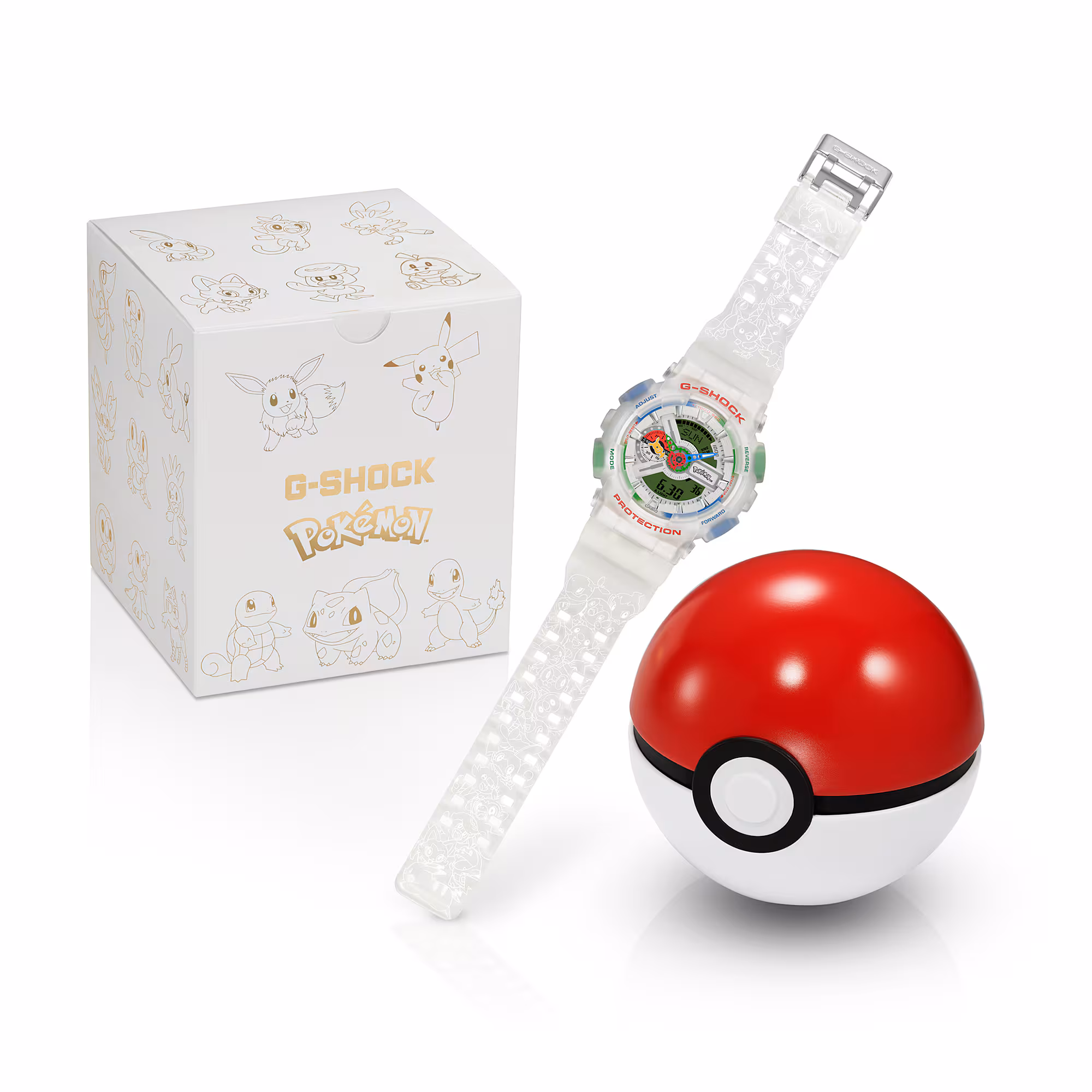 G-Shock Pokémon horloge met een transparante band, een Poké Ball-opbergdoos en een witte verpakking met Pokémon-tekeningen