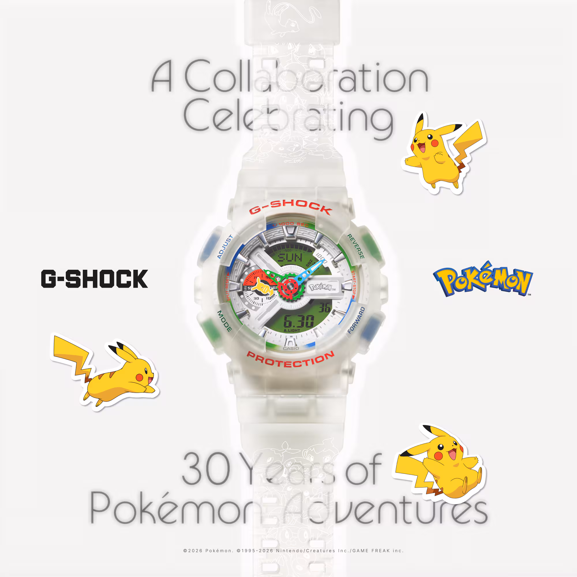 Casio lanceert G-Shock x Pokémon horloge ter ere van 30 jaar Pokémon Adventures, met Pikachu-details en een transparante band