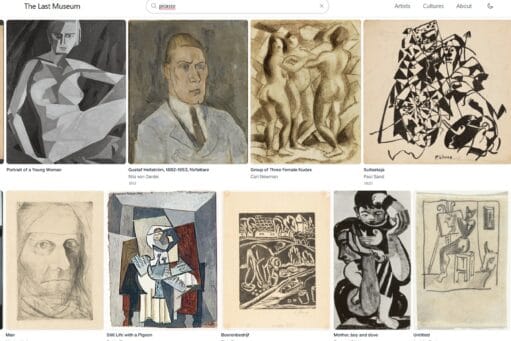 Zoekresultaten voor 'picasso' op de website The Last Museum, met een overzicht van diverse kunstwerken in een raster