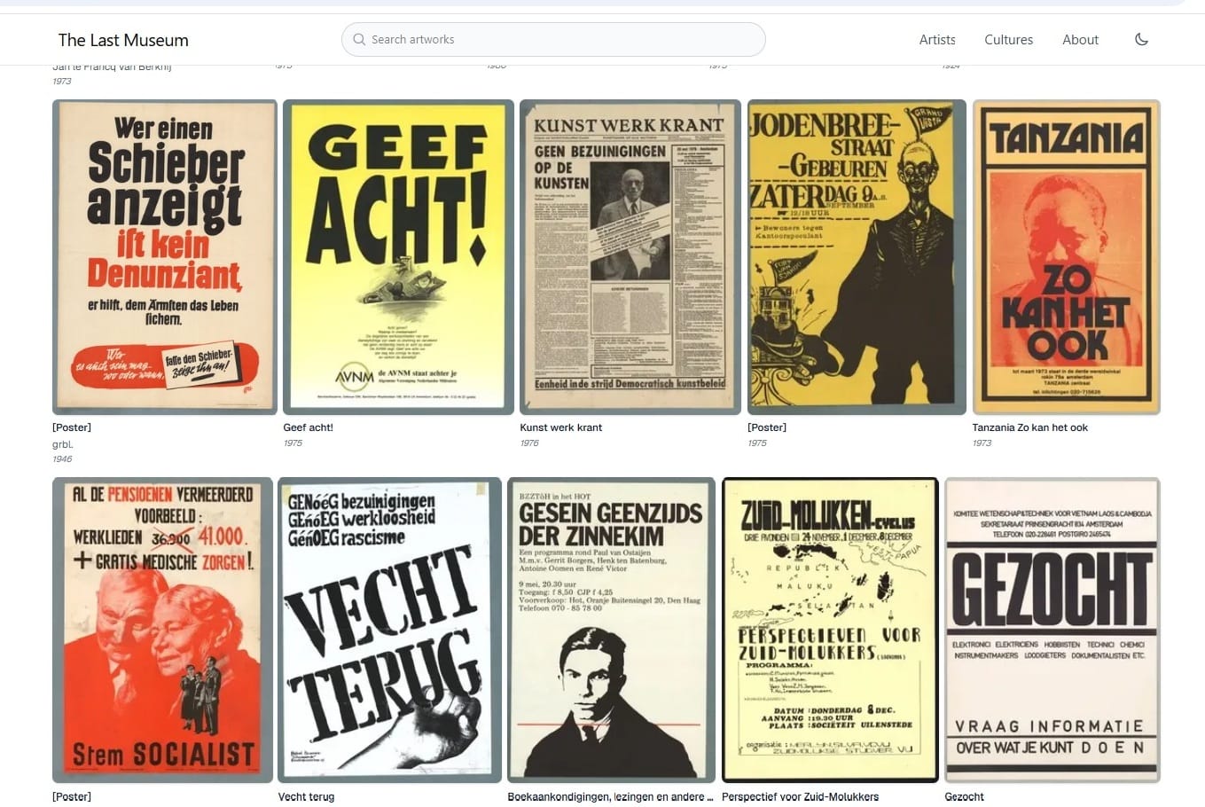Overzicht van historische posters en pamfletten in de online galerij van The Last Museum