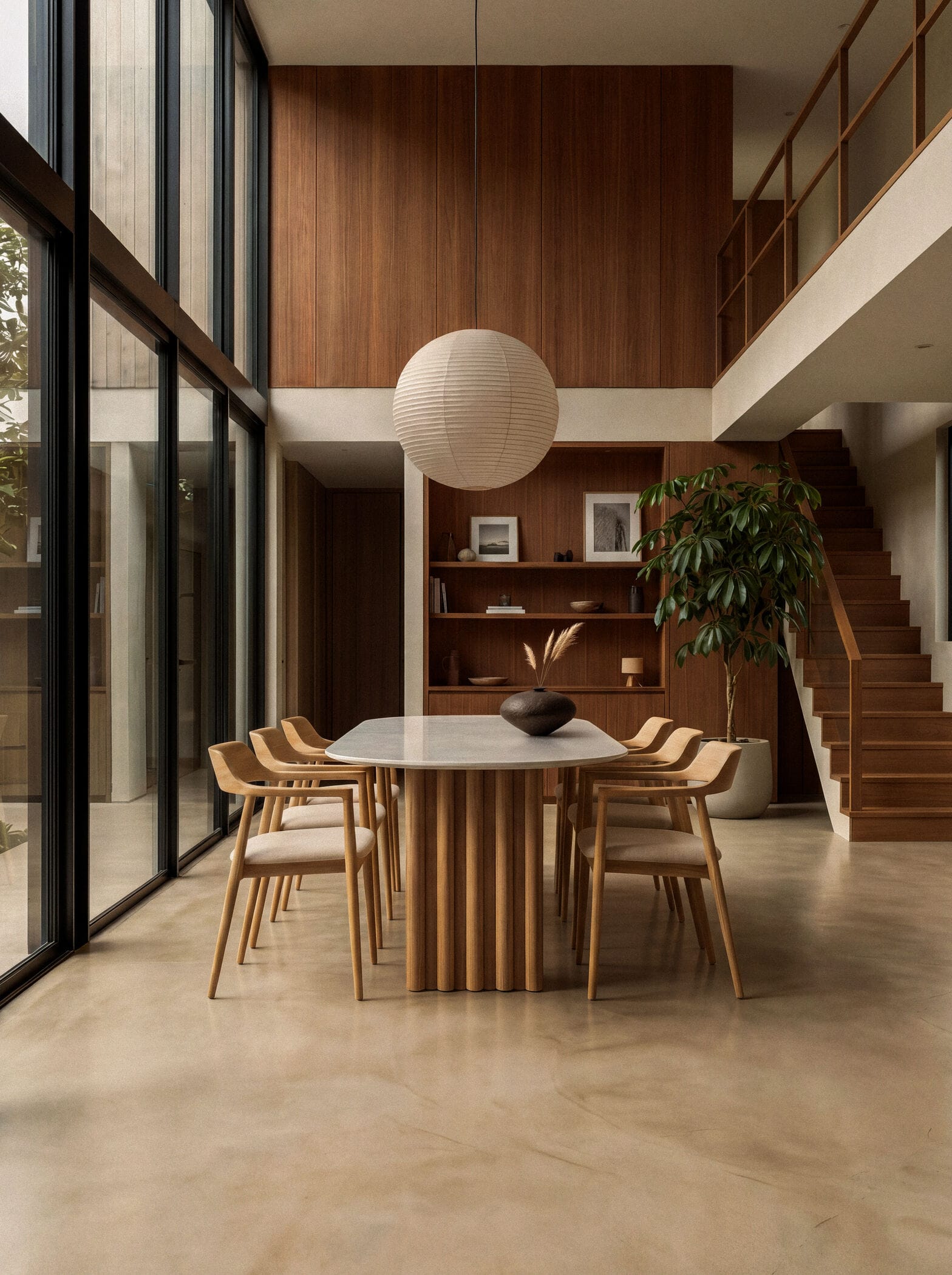 Modern minimalistische eetkamer met een op maat gemaakte tafel van Table du Sud bestaande uit houten poten en een keramisch blad , verder zijn er een witte bolvormige hanglamp, hoge ramen en houten wandbekleding
