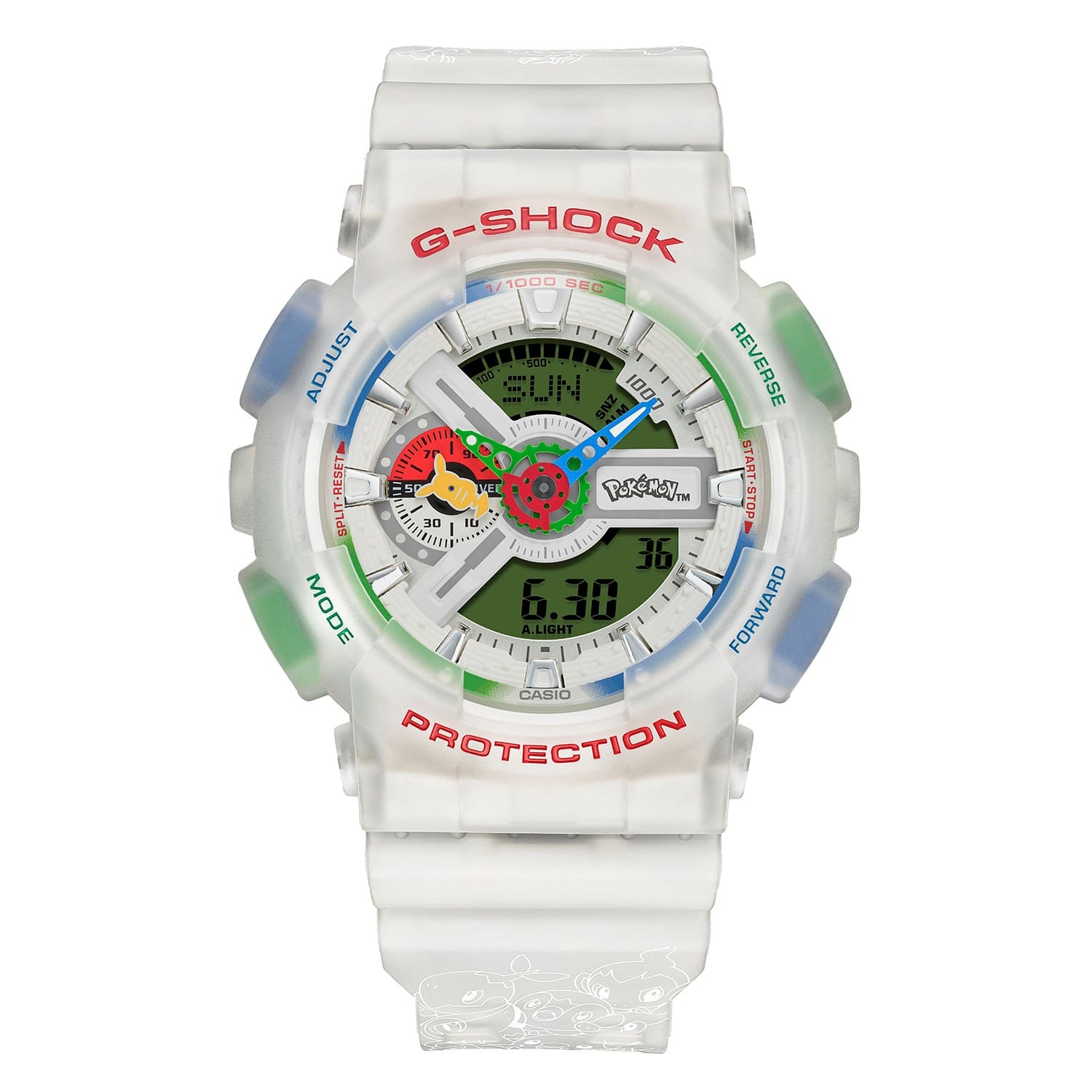 Casio G-Shock Pokémon editie horloge met een transparante witte band en kleurrijke wijzerplaat met Pikachu-details