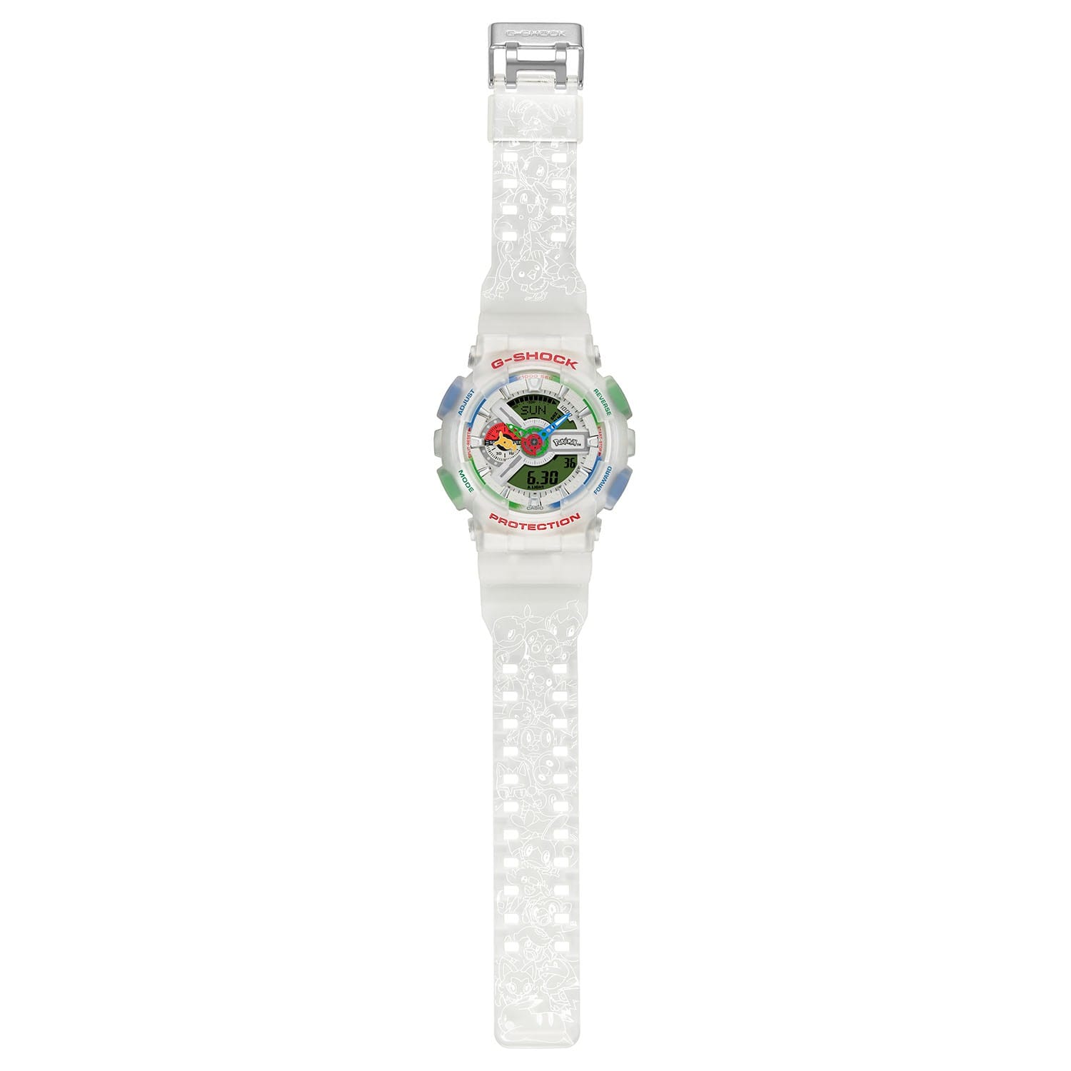 Transparant wit G-Shock horloge met Pokémon-print op de band en kleurrijke details op de wijzerplaat