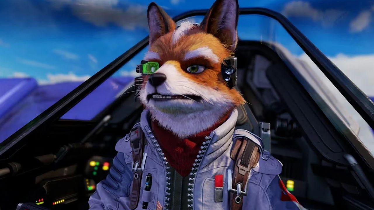 Fox McCloud in de cockpit van zijn ruimteschip met een groen scouter-oogstuk in de Star Fox-remake voor Nintendo Switch 2