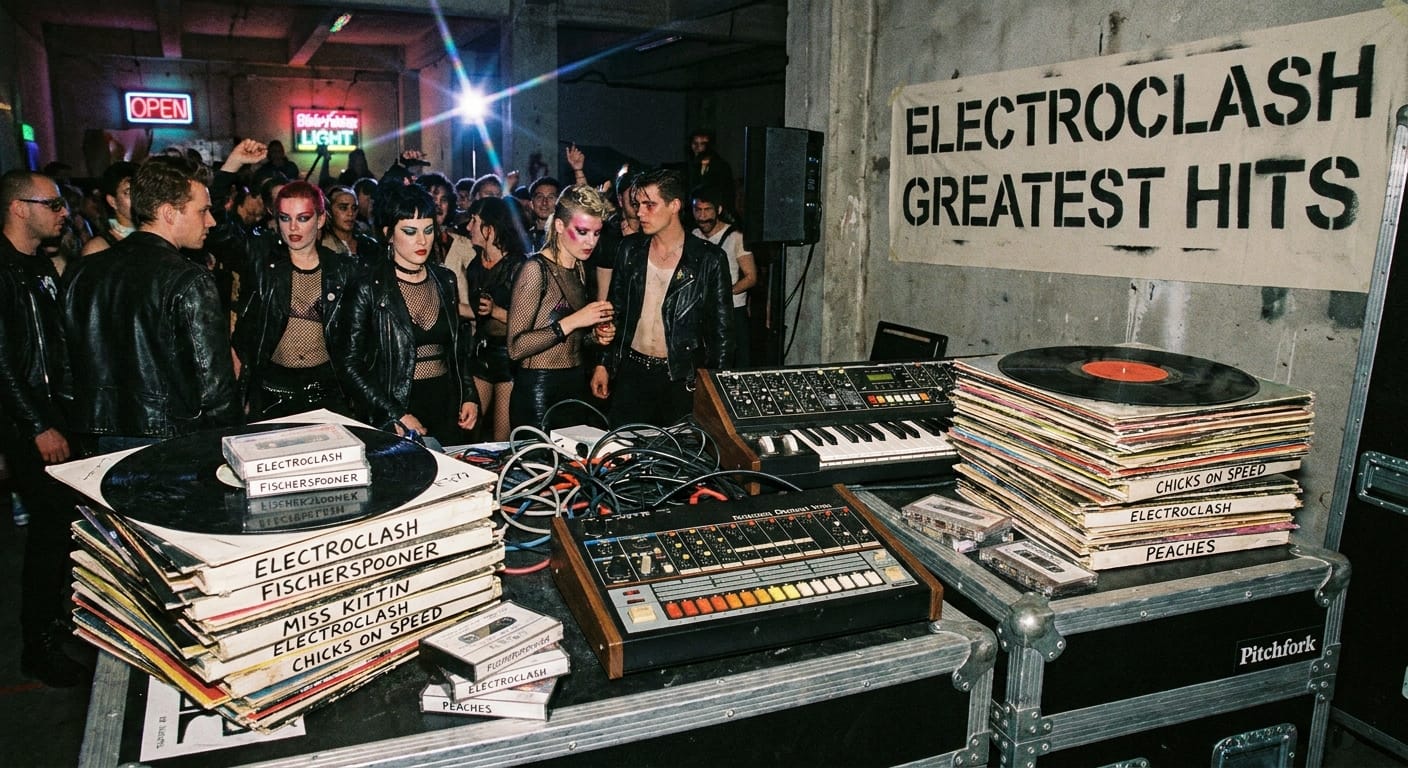 Synthesizers en stapels vinylplaten van artiesten op een electroclash-feestje